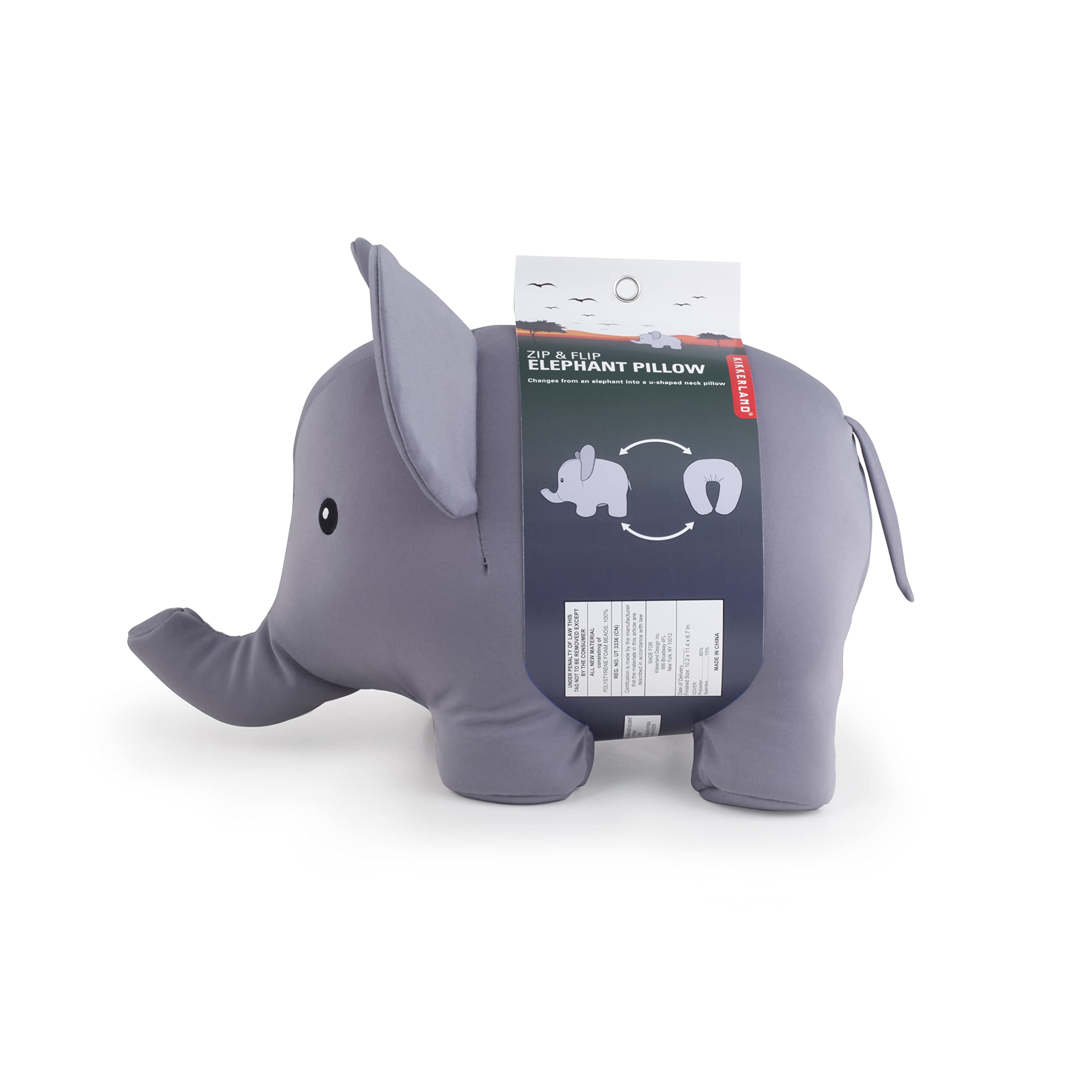 Kikkerland Zip And Flip Elephant Travel Comfortable & Breathable Soft Neck Pillow, Grey, For Sleeping, Flight Head Rest, Easy To