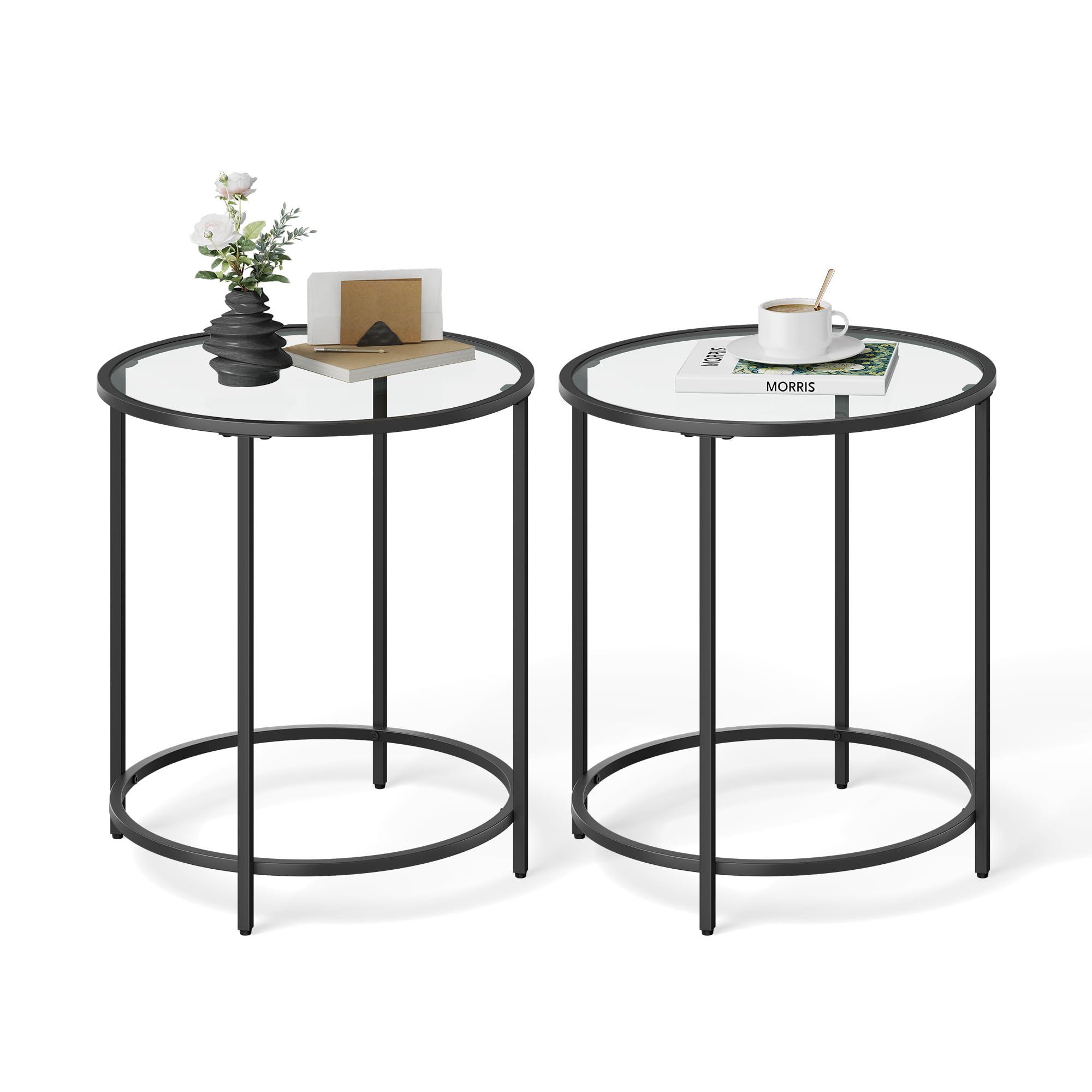 VASAGLE Round Side Tables, Set of 2, Glass End Tables with Metal Frame, Black Coffee Tables with Modern Style, for Living Room, 