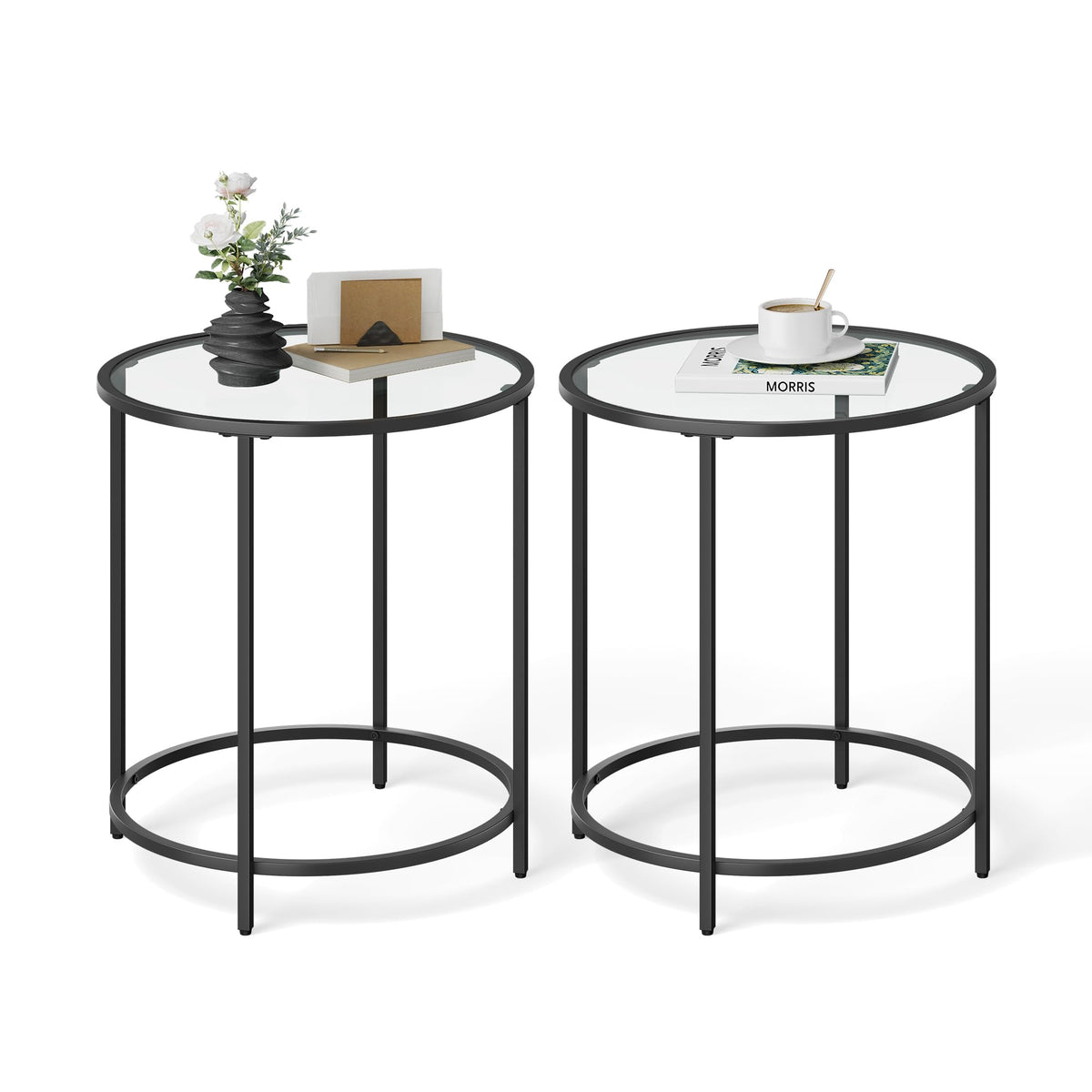 VASAGLE Round Side Tables, Set of 2, Glass End Tables with Metal Frame, Black Coffee Tables with Modern Style, for Living Room, 