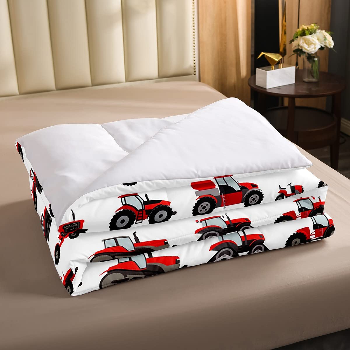 Erosebridal Red Tractor Comforter Set Twin Size Heavy Equipment Truck Down Comforter Kids Boys Girls Teens Harvester Tractor Bed