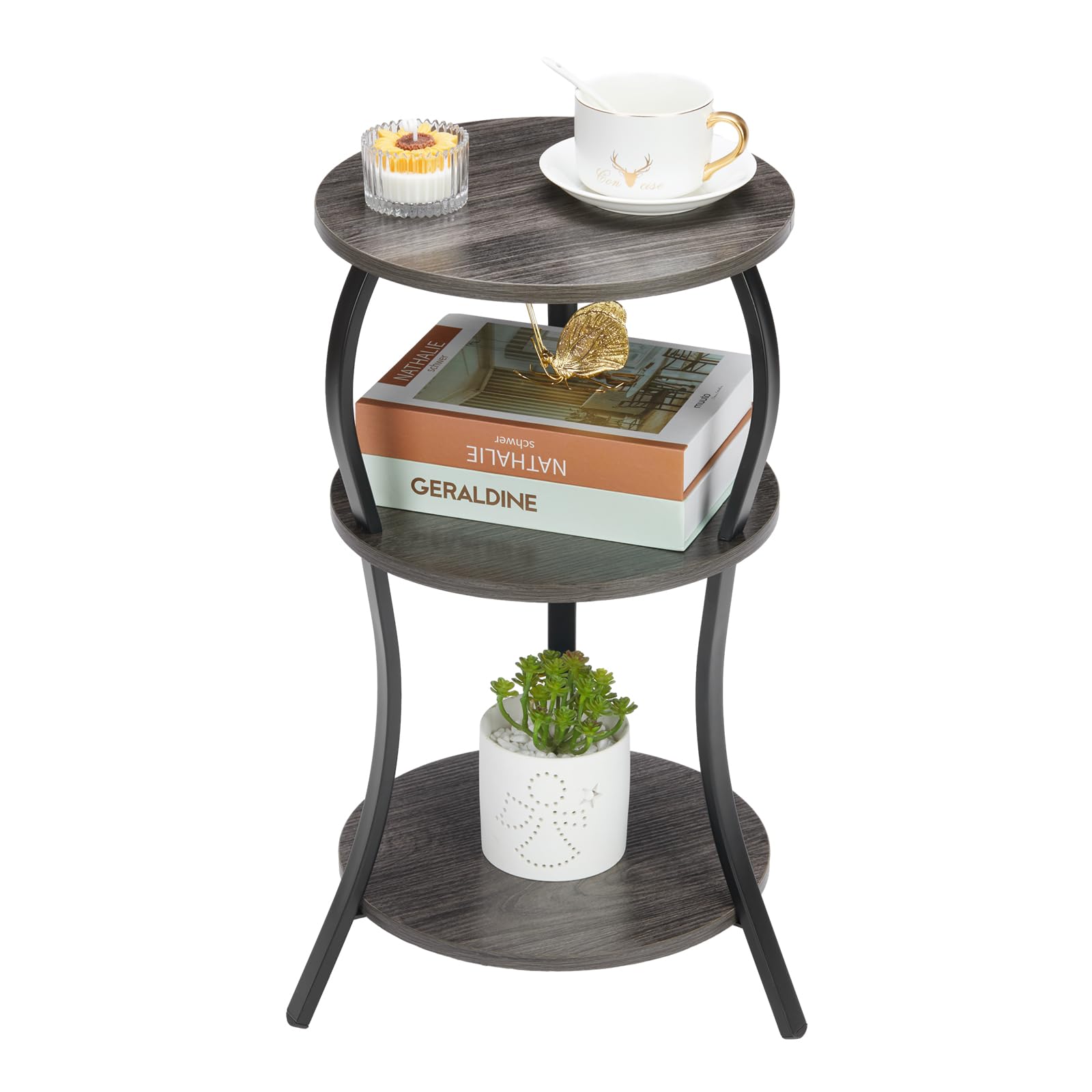 Small Round Side Table, 3-Tier Slim Waist Circular End Table with Storage Shelf, Compact Tea Sofa Side Table, Vintage Round Corn
