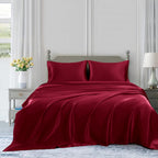 Homiest 4Pcs Satin Sheets Set Luxury Silky Satin Bedding Set With Deep Pocket, 1 Fitted Sheet + 1 Flat Sheet + 2 Pillowcases (Queen Size, Burgundy)