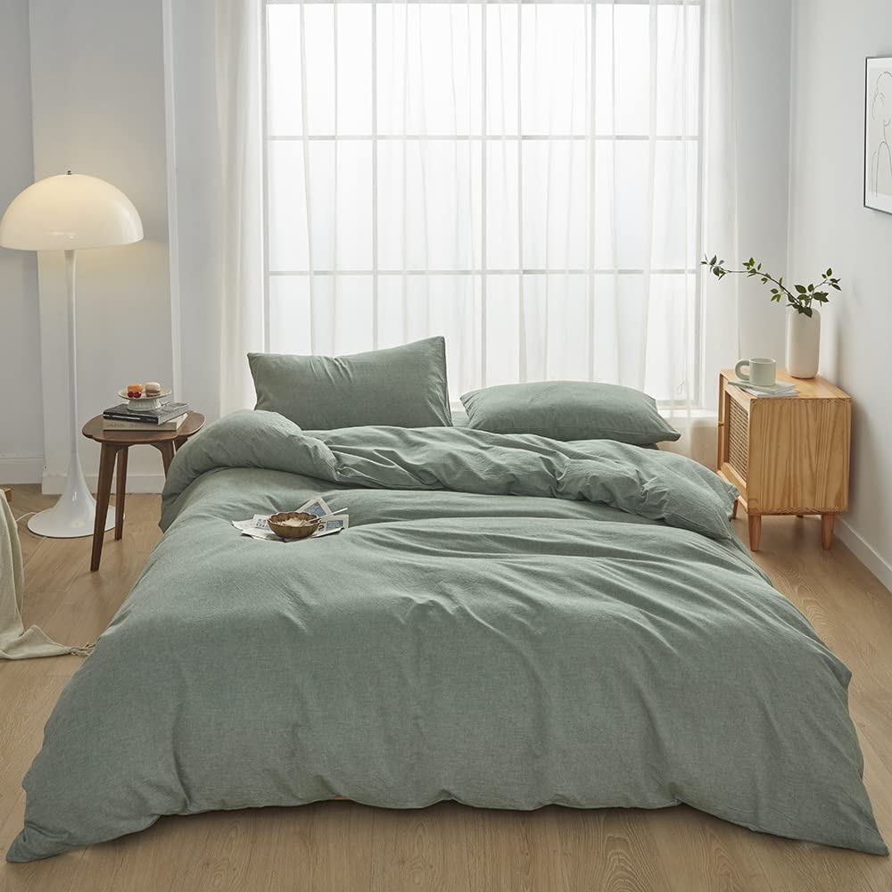 Face Two Face Bedding Duvet Cover Set100% Washed Cotton Duvet Cover Linen Like Textured Breathable Durable Soft Comfy (King, Reversible Green)