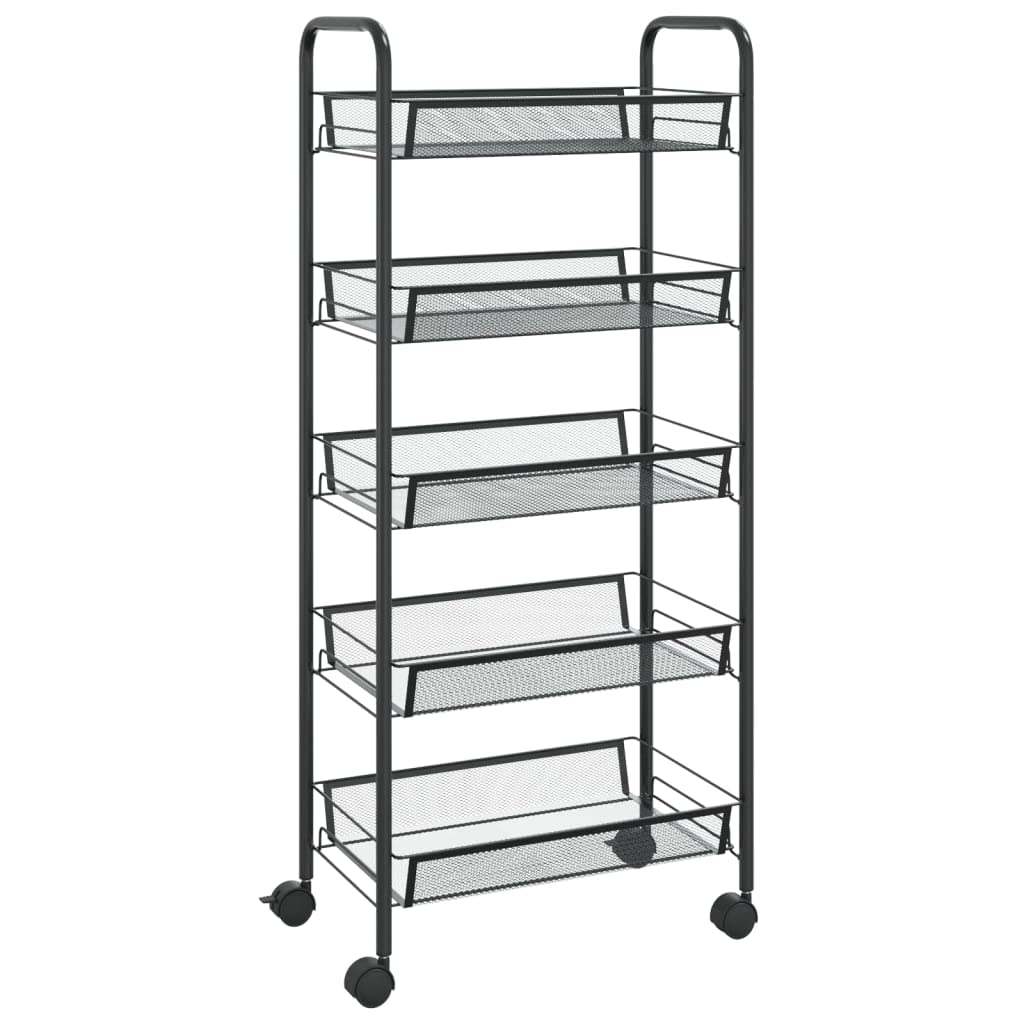 vidaXL 5-Tier Kitchen Trolley in Black - Iron Constructed Organizational Cart with Removable Mesh Baskets and Mobile Wheels