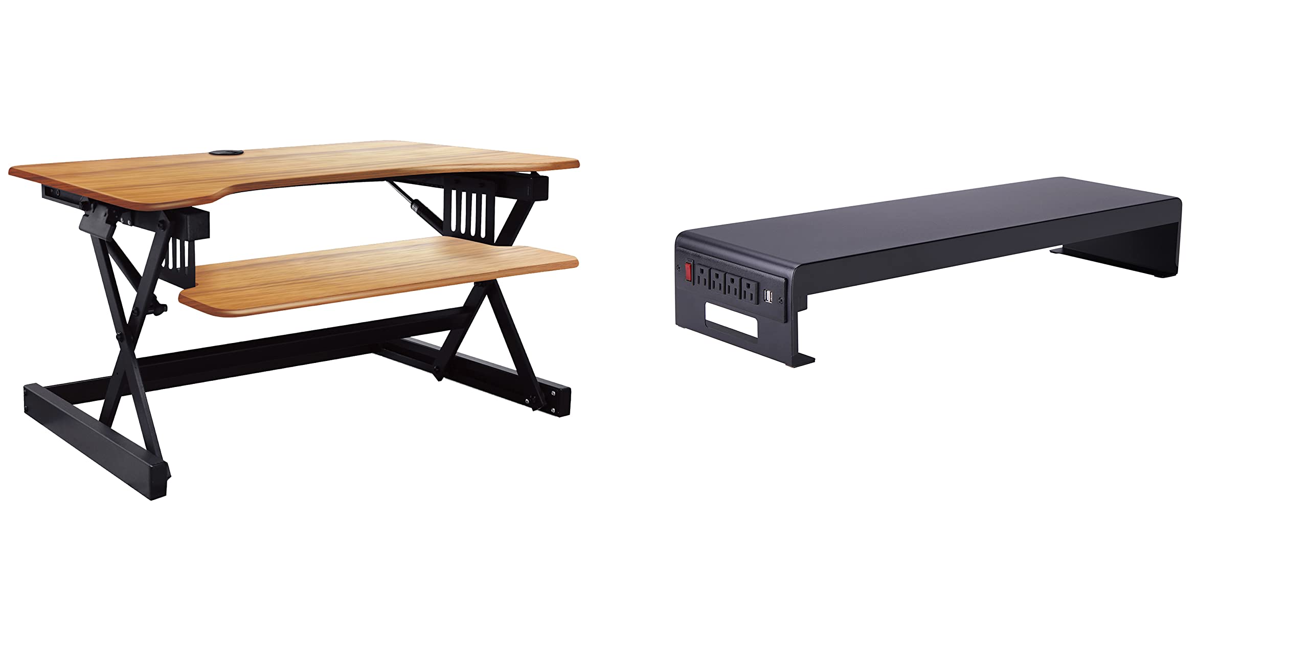 Rocelco 40" Large Height Adjustable Standing Desk Converter with Dual Monitor Stand BUNDLE - Quick Sit Stand Up Computer Workstation Riser - Retractable Keyboard Tray - Teak (R DADRT-40-DMS)