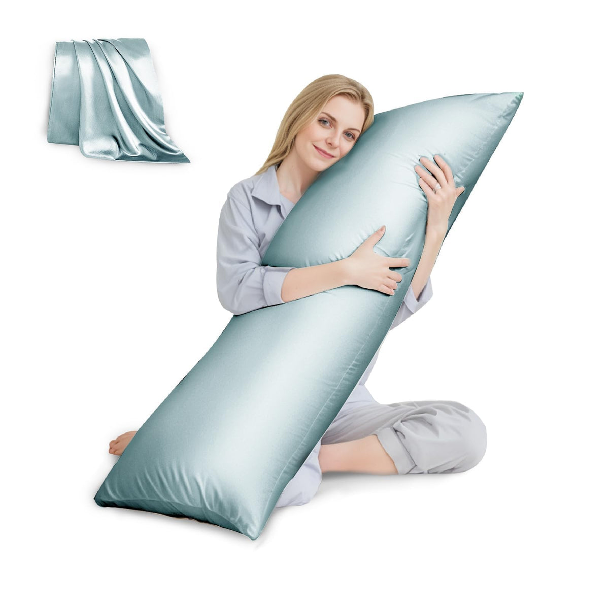 Huxmeyson Body Pillow With Satin Pillowcase, Cooling Body Pillows For Adults, Long Pillow For Bed With Removable Cover, Ice Blue