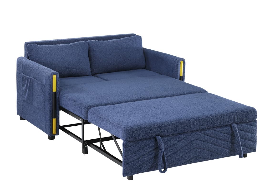 Lilola Home Percy 55.5" W Navy Teddy Velvet Sleeper Loveseat with Dual-Pull Sleeper Design