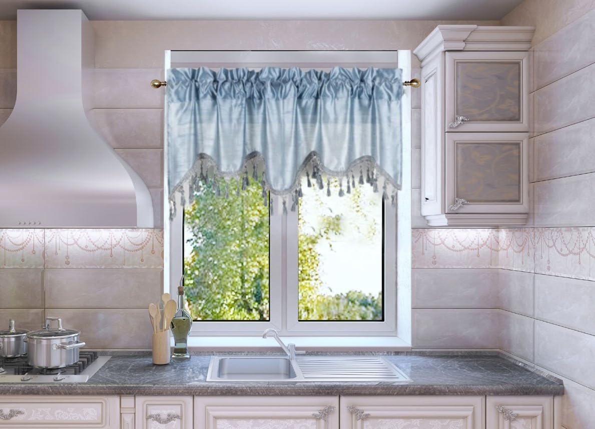 Solid Faux Silk Swag Waterfall Cascade Ascot Window Curtain Valance W/Tassels Trim 55' X18' Wave (1, Slate Blue)