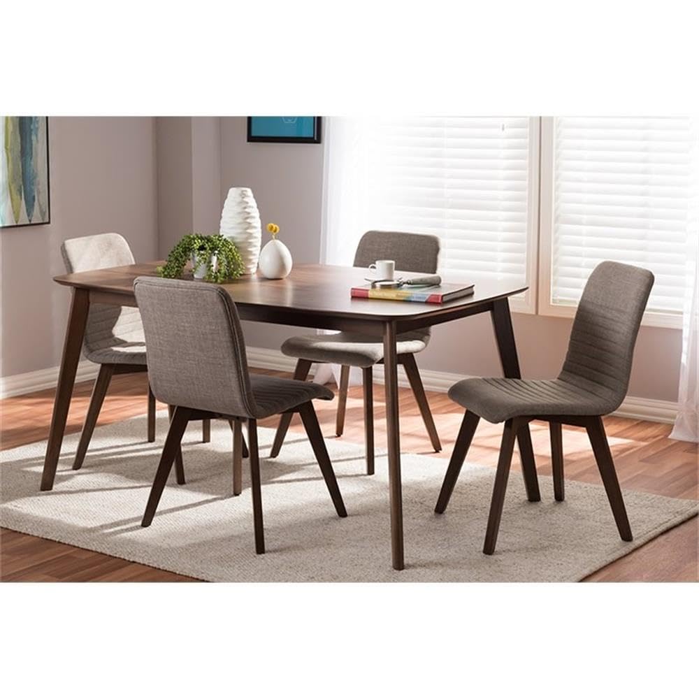 Baxton Studio Sugar Mid-Century Modern Light Grey Fabric Upholstered Walnut Wood Finished 5-Piece Dining Set