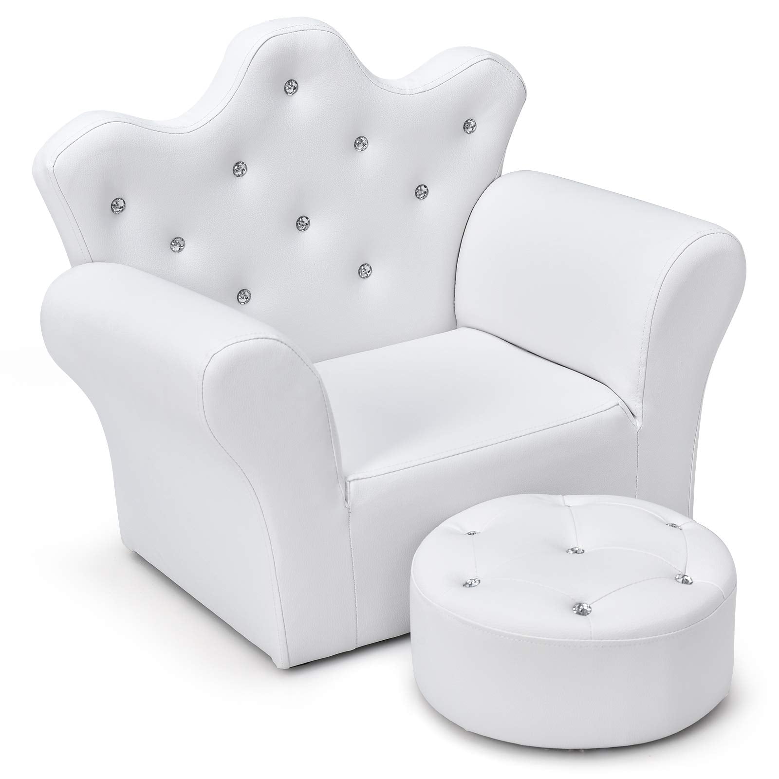 Costzon Kids Sofa, Children Upholstered Sofa with Ottoman, Princess Sofa with Diamond Decoration, Smooth PVC Leather Toddler Cha