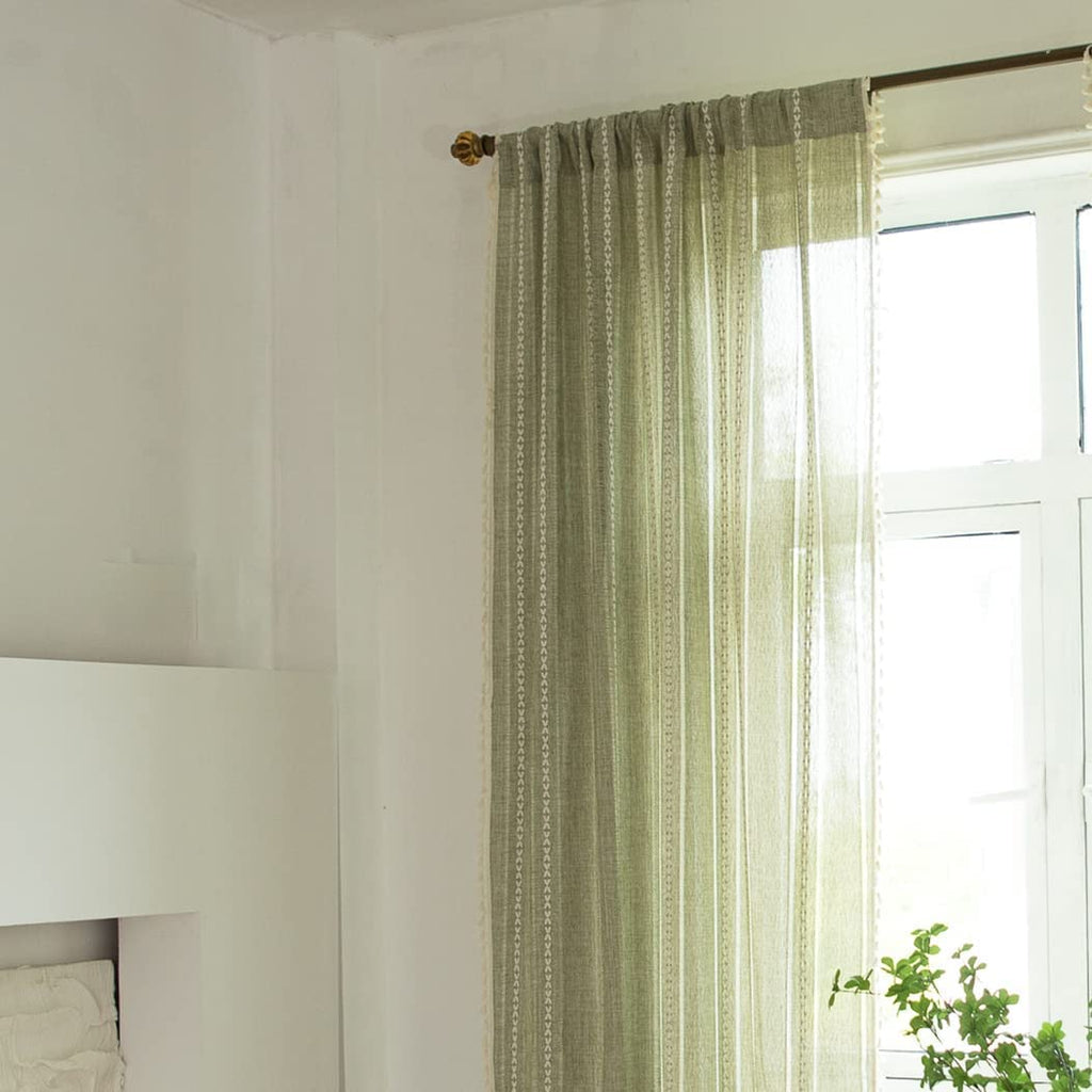Sutuo Home Boho Curtains For Bedroom Living Room Kitchen, Semi-Blackout French Country Farmhouse Vintage Linen Shabby Chic Tassels Hollow Window Treatment Bohemian Drape, 1 Panel 52' W X 63' L, Green