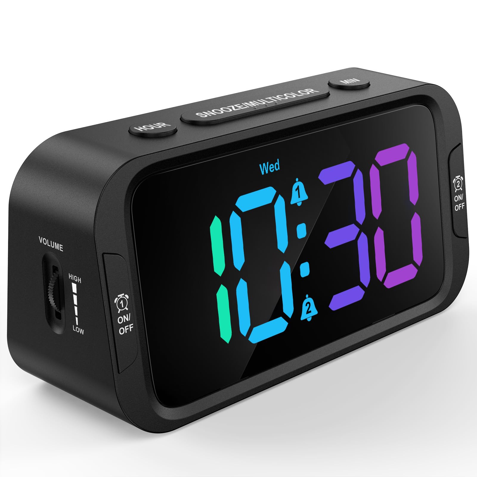 Odokee Digital Dual Alarm Clock for Bedroom: RGB Electric Clock with USB Charger for Kids Teens - Dimmable Clock with Weekday We