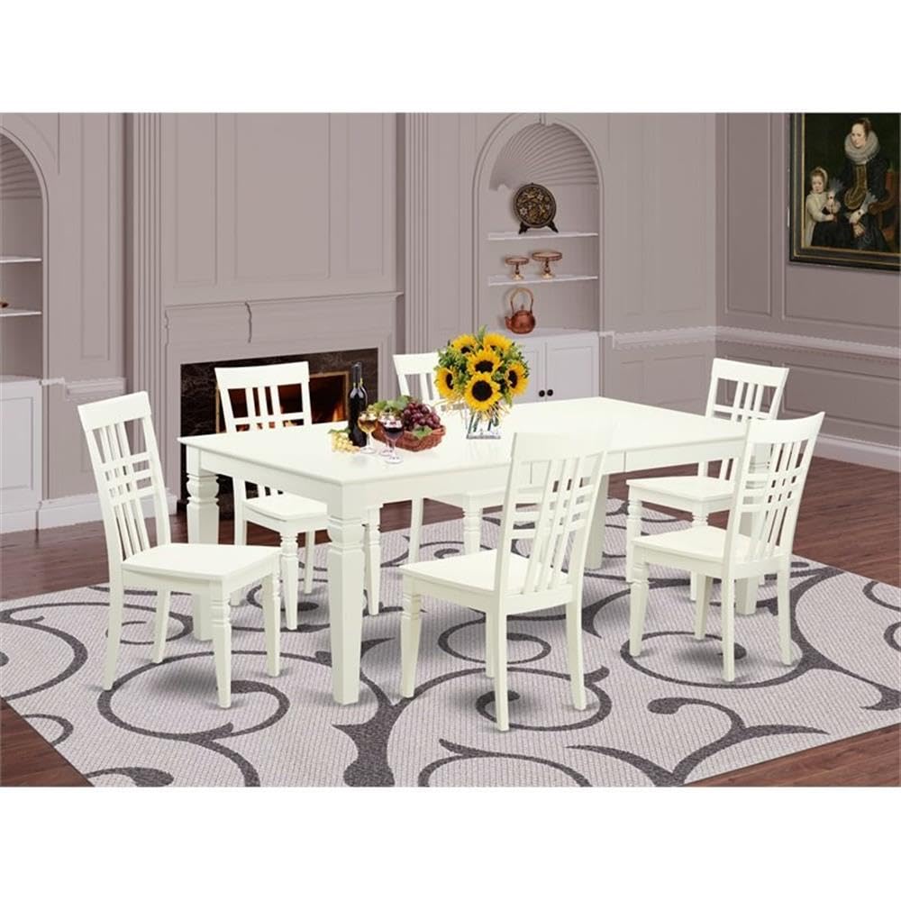 East West Furniture LGLG7-LWH-W 7 Piece Kitchen Table Set Consist of a Rectangle Dining Table with Butterfly Leaf and 6 Dining Chairs, 42x84 Inch, Linen White