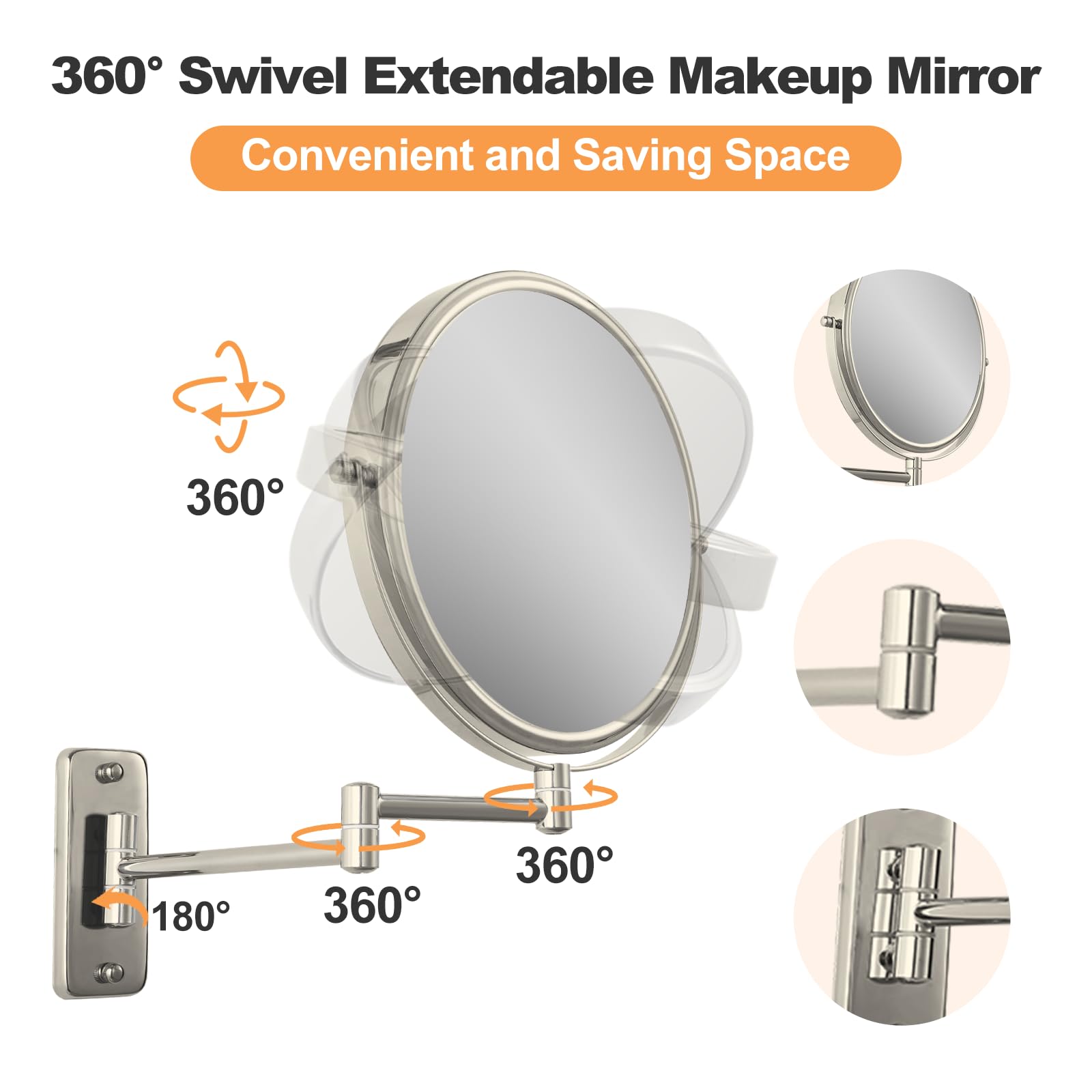 Ffowcye 8' Wall Mounted Makeup Mirror, 1X/10X Wall Mount Magnifying Mirror With Double Sided Folding Extendable Arm 360 Rotatio