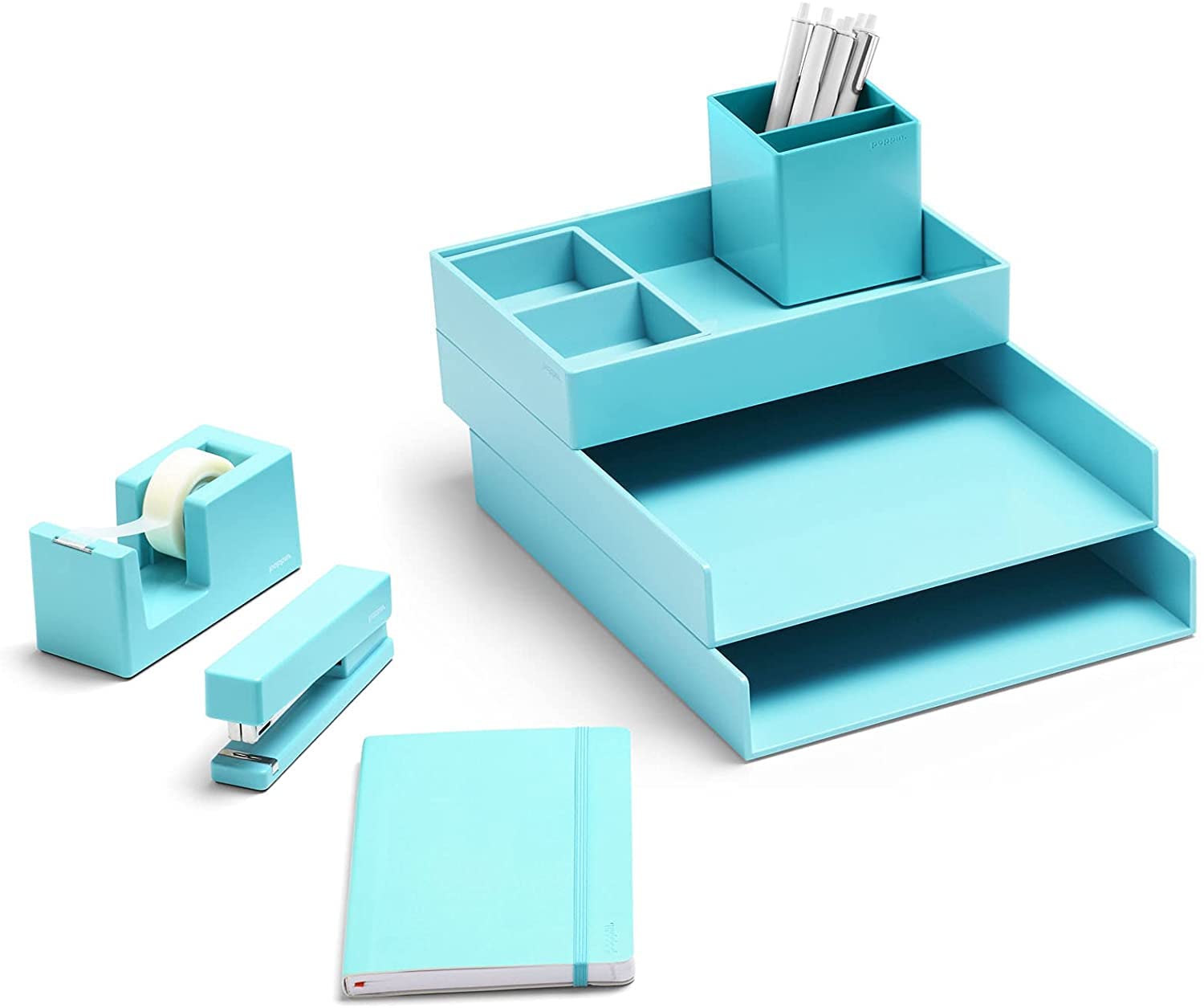 Poppin Dream Desk Set - White, Letter Trays, Accessory Tray, This + That Tray, Pen Cup, 6 Gel Pens, Soft Cover Notebook, Stapler