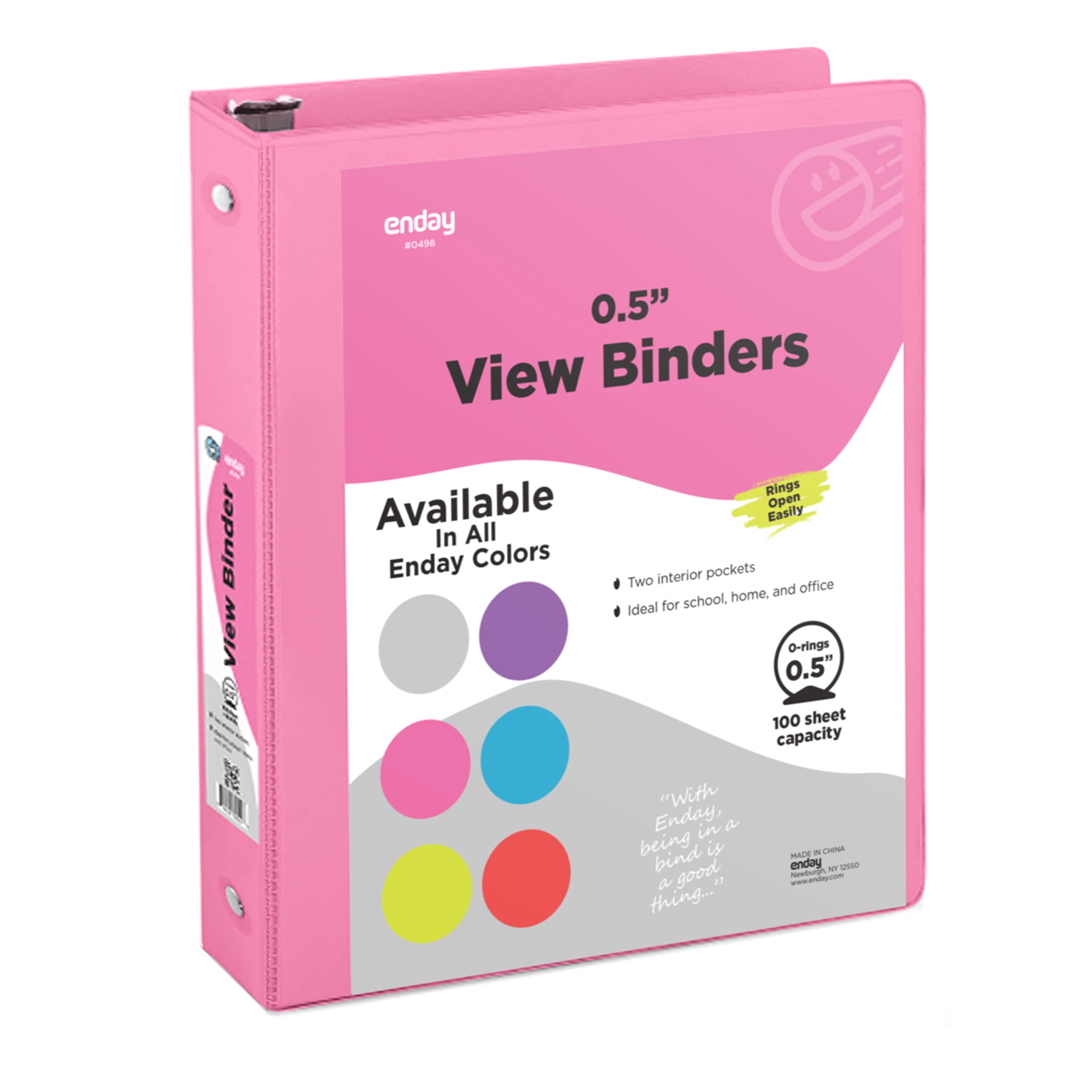 Inch 3 Ring Binder .5 Inch Pink Clear View Cover With 2 Inside Pockets, Colored School Supplies Office And Home Binders - By En