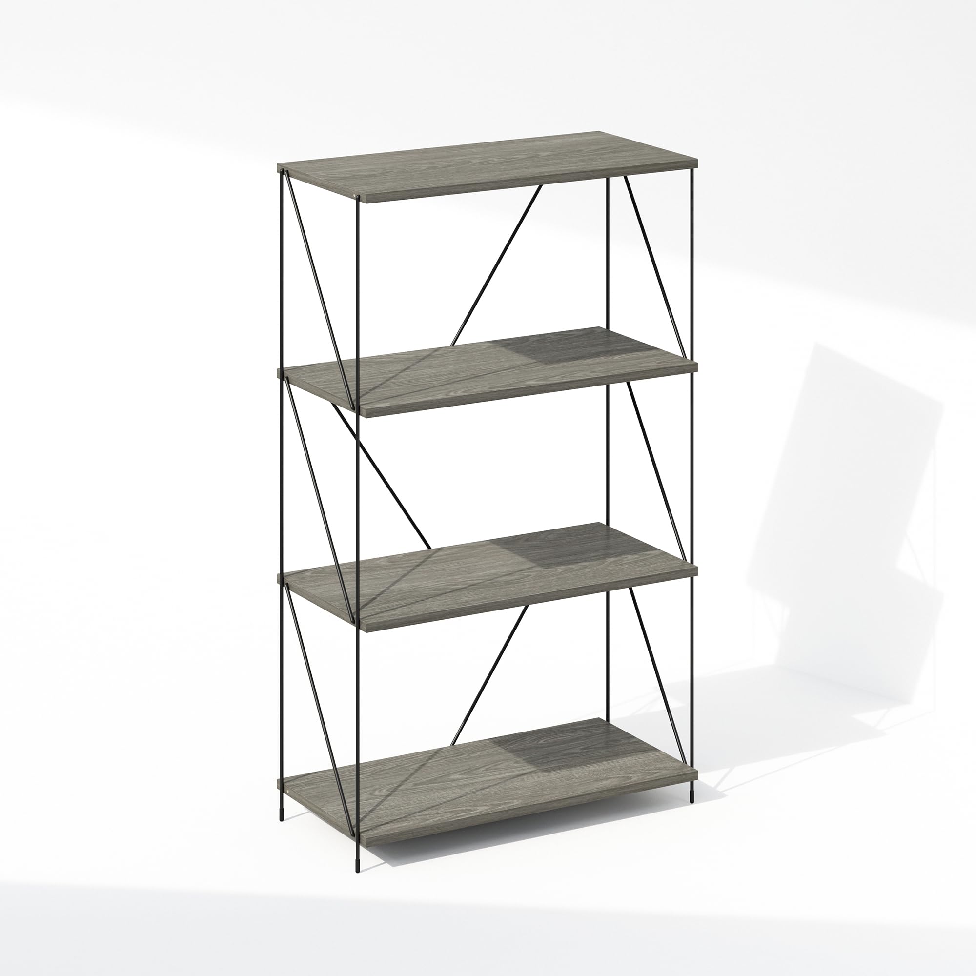 Furinno Wire 4-Tier Industrial Style Metal Frame Bookcase, Display Shelf, 24 Wide, Finn Oak