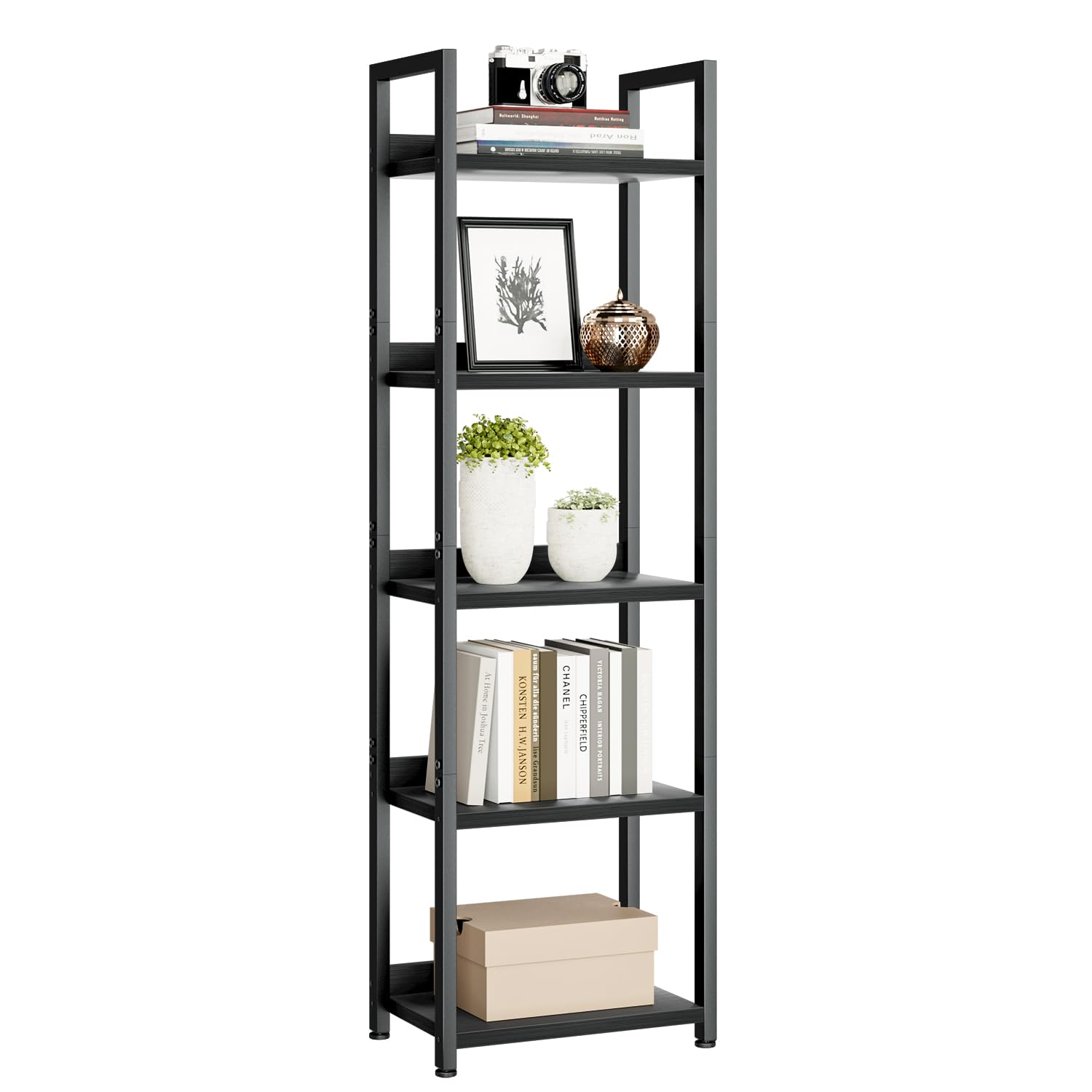 Numenn Narrow Bookshelf, 5 Tier Bookshelves, Home Office Bookcase Shelf Storage Organizer, Free Standing Storage Shelving Unit For Bedroom, Living Room And Home Office, Black
