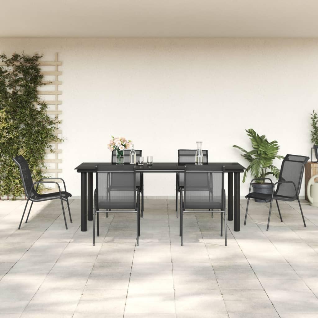 vidaXL 7-Piece Outdoor Dining Set - Elegant Design, Black Steel and Textilene, Powder-Coated Table with Tempered Glass, Suitable for Garden and Patio