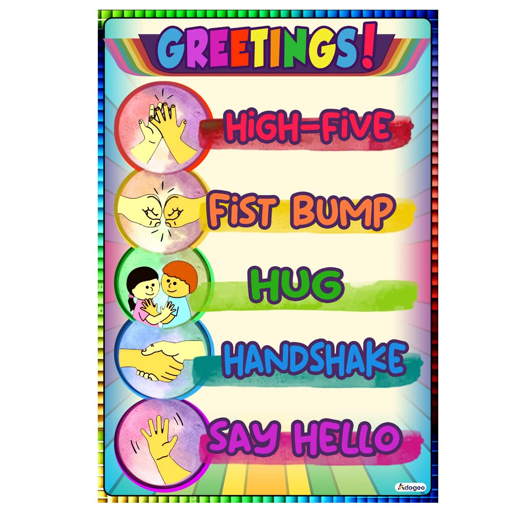 Adogeo Greetings Poster For Kids - Classroom Decorations, Pediatrician Doctors Office Decor - Back To School, Teacher Supplies K