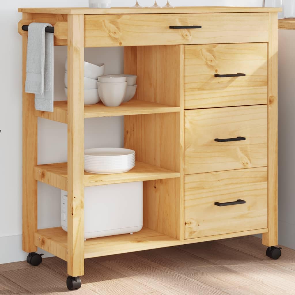 vidaXL Solid Wood Pine Kitchen Trolley Cart - Honey Wax Finish, Rolling Storage Organiser with Drawers/Shelves, 33.1" x 15.7" x 35.4"