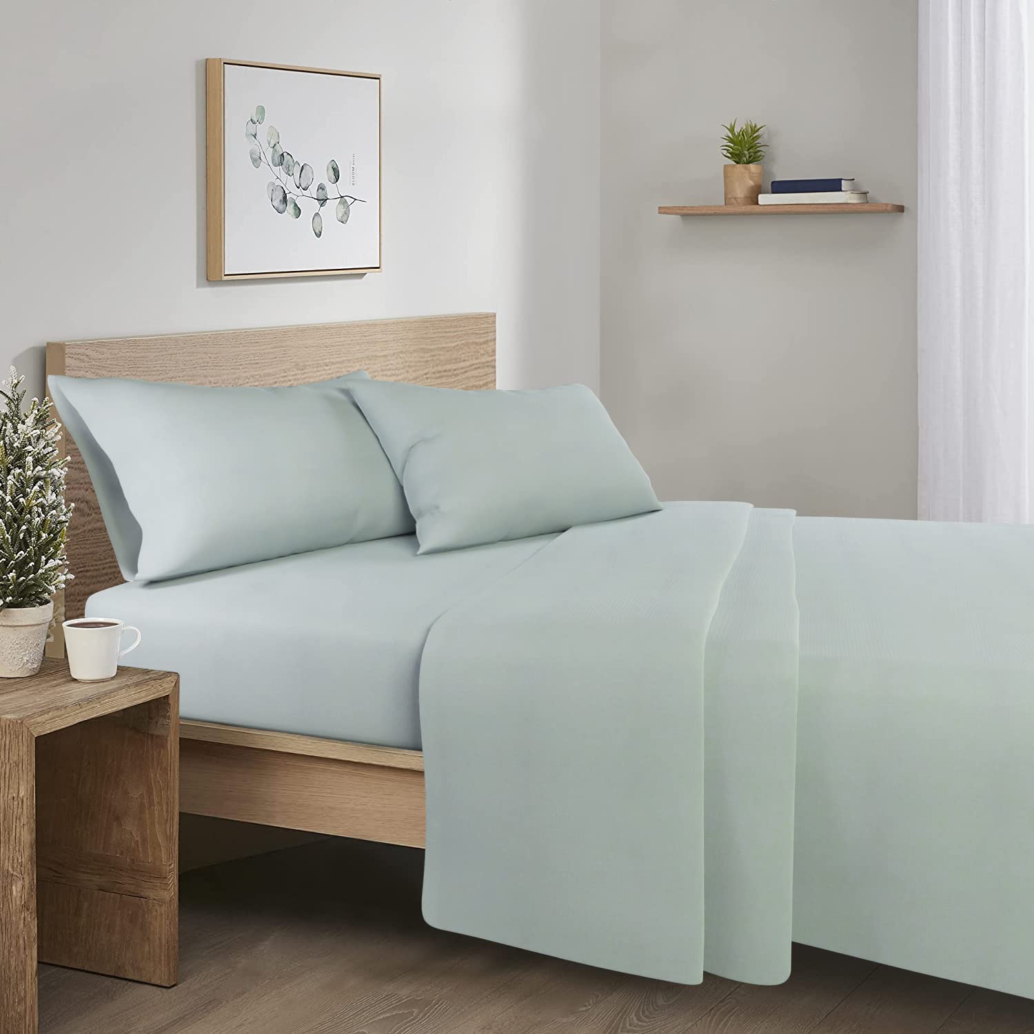 Comfort Spaces Cotton Flannel Breathable Warm Deep Pocket Sheets With Pillow Case Bedding, Queen, Aqua Solid 4 Piece
