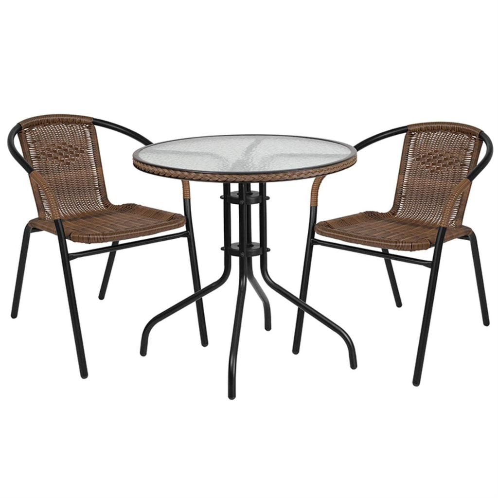 Flash Furniture Lila 28'' Round Glass Metal Table With Dark Brown Rattan Edging And 2 Dark Brown Rattan Stack Chairs