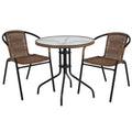 Flash Furniture Lila 28'' Round Glass Metal Table With Dark Brown Rattan Edging And 2 Dark Brown Rattan Stack Chairs