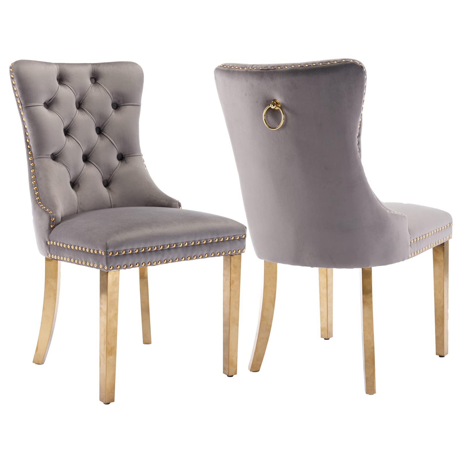 Shenyon Grey Velvet Dining Chairs Set Of 2, Upholstered Dining Room Chairs With Back Ring Pull Trim And Golden Stainless Steel L