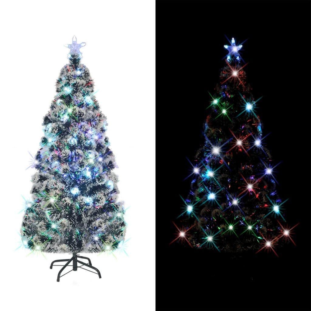 vidaXL Artificial Christmas Tree with LED and Fiber Optic Lights, Green and White PVC and Steel Design, 5 ft Height, Star-Topped, 170 Branches - Durable and Reusable for Holiday Decor