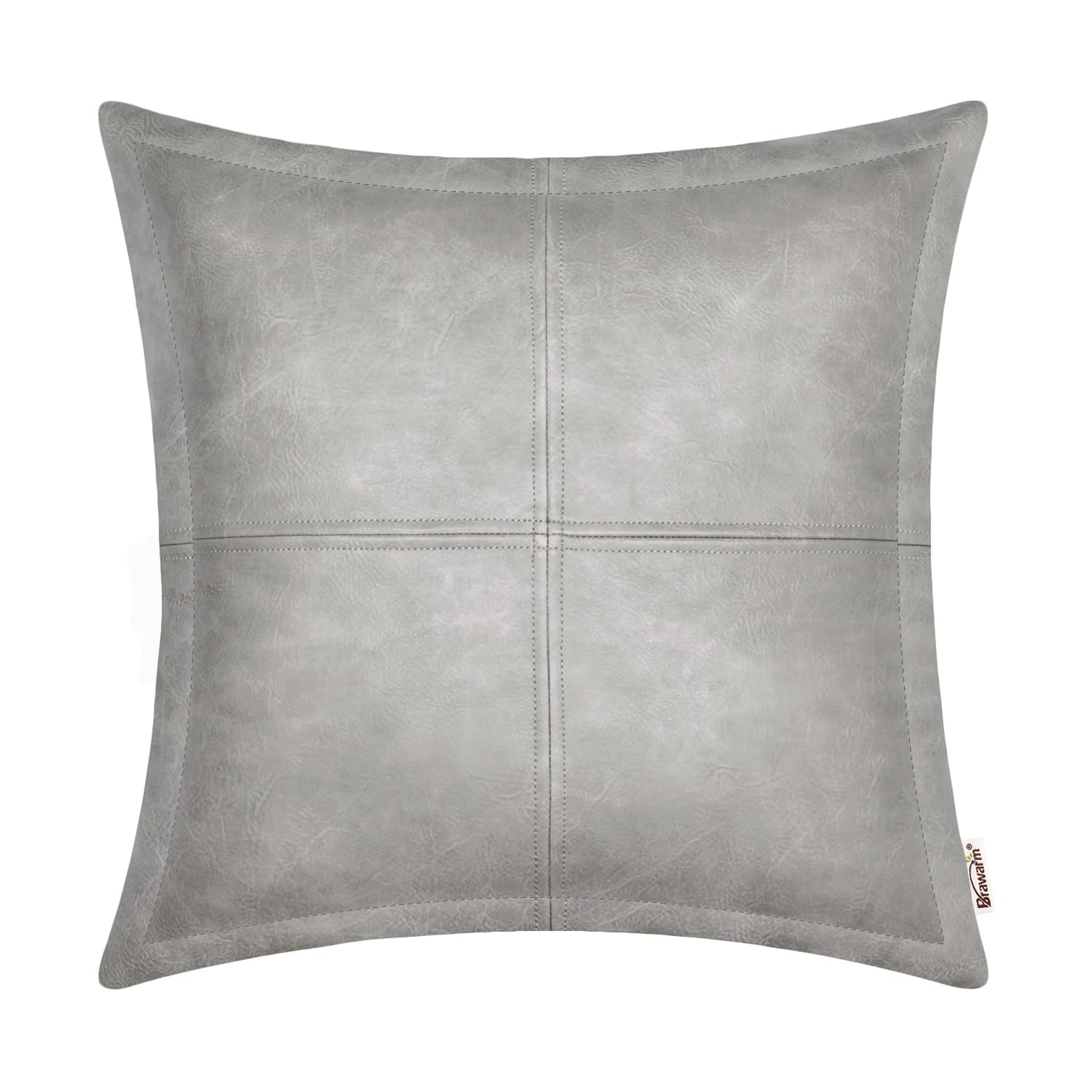 Brawarm Gray Leather Throw Pillow 16 X 16 Inches, Faux Leather Pillow Cover With Piping, Hand Stitched Leather Decorative Throw
