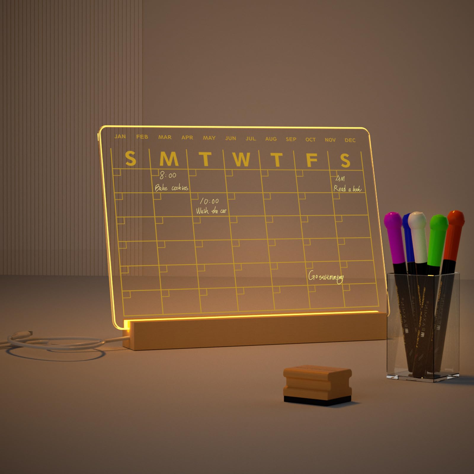 Clear Dry Erase Board Calendar With Light 13 X 9 Inch For Bedroom/Office Includes 4 Dry Erase Markers