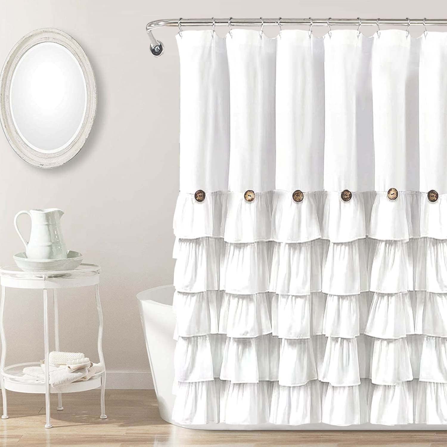 White Ruffle Shower Curtain Farmhouse Shower Curtain Set with 12 Hooks 72 X 84 inch Fabric Shower Curtains with Buttons & White 