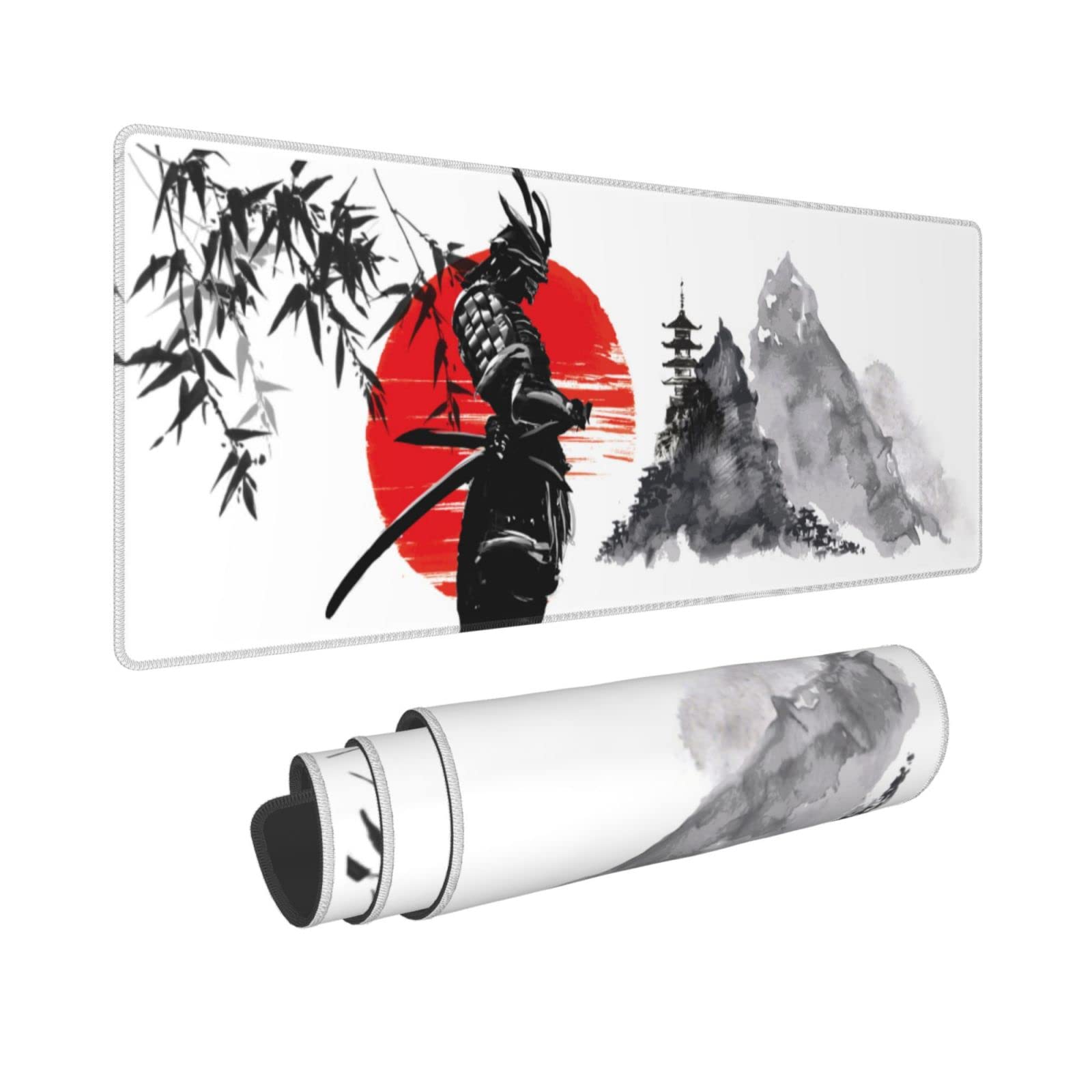 Watercolor Japanese Samurai Bushido Gaming Mouse Pad Xl, Non Slip Rubber Base Mousepad, Stitched Edges Desk Pad, Extended Large