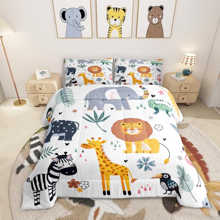 Kids Zoo Animal Comforter Set Cute Wild Animals Bedding Set Cartoon Safari Wild Print Comforter For Boys Girls Children Teens Be