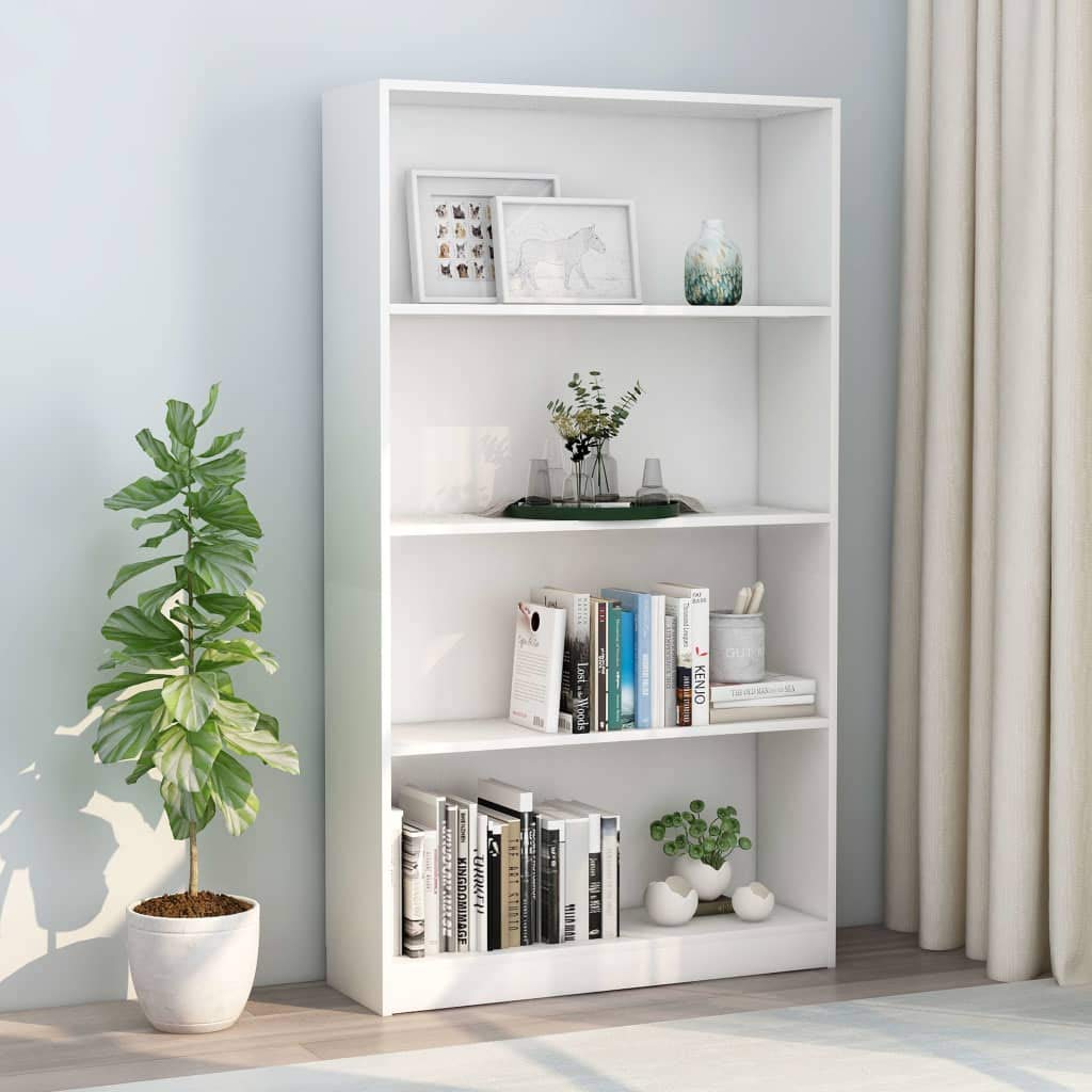 vidaXL Bookshelf, 4-Layer Design Bookcase, Freestanding Display Storage Shelving, Display Shelf for Living Room, Modern, White Engineered Wood