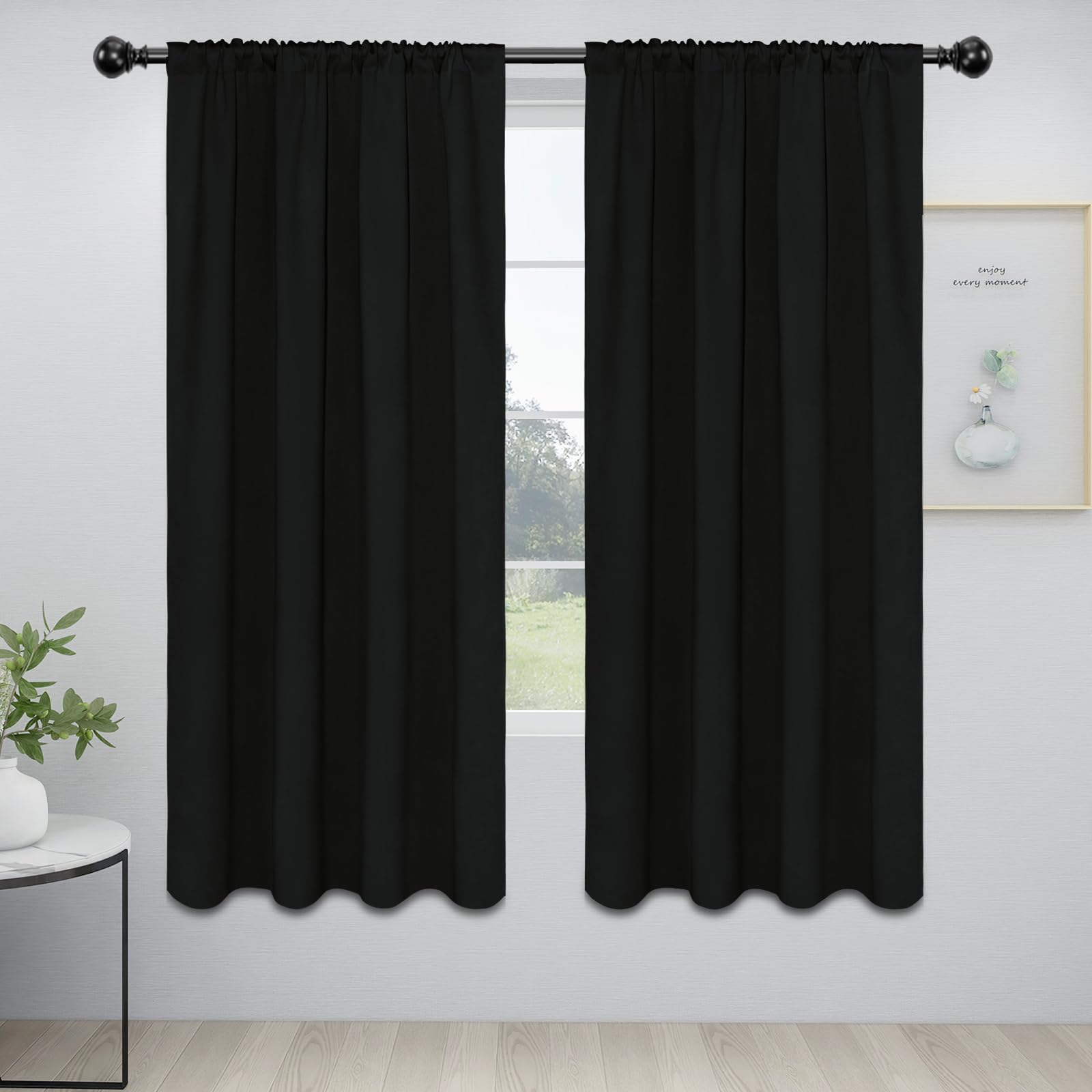 Easy-Going Rod Pocket Blackout Curtains For Bedroom, Room Darkening Window Curtains For Living Room, Thermal Insulated Noise Reduction Solid Window Drapes, 2 Panels(42X72 In, Black)