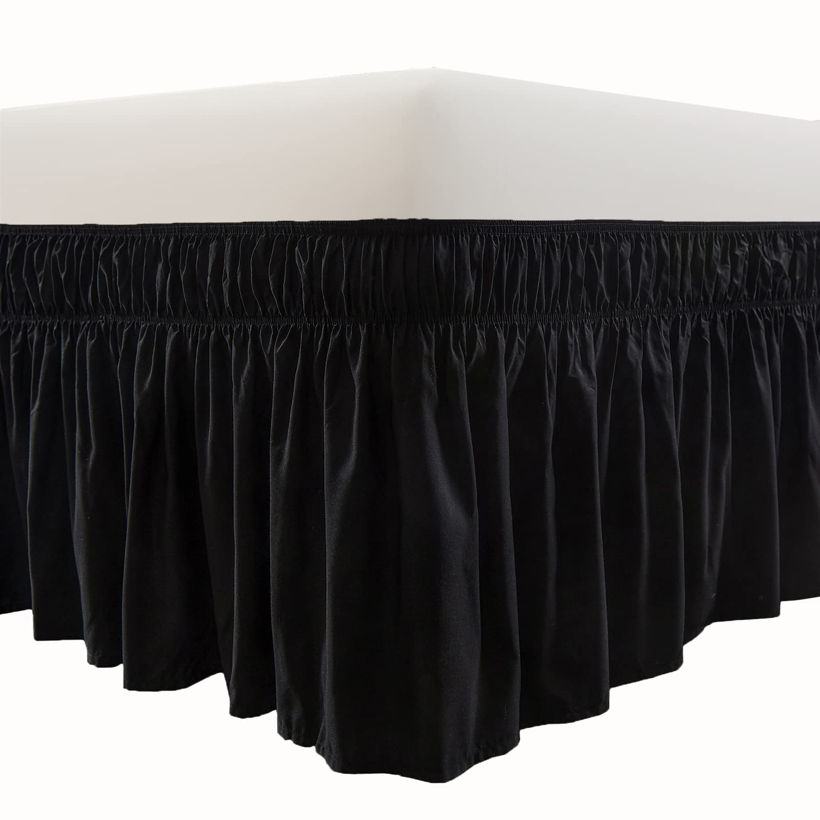 Meila Wrap Around Bed Skirt Three Fabric Sides Elastic Dust Ruffled 16 Inch Tailored Drop,Easy To Install Fade Resistant-Black,