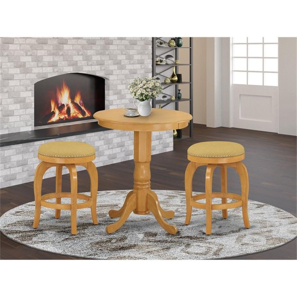 East West Furniture Edbf3-Oak-16 3 Piece Counter Height Dining Table Set Contains A Round Kitchen Table With Pedestal And 2 Backless Stools, 30X30 Inch, Oak