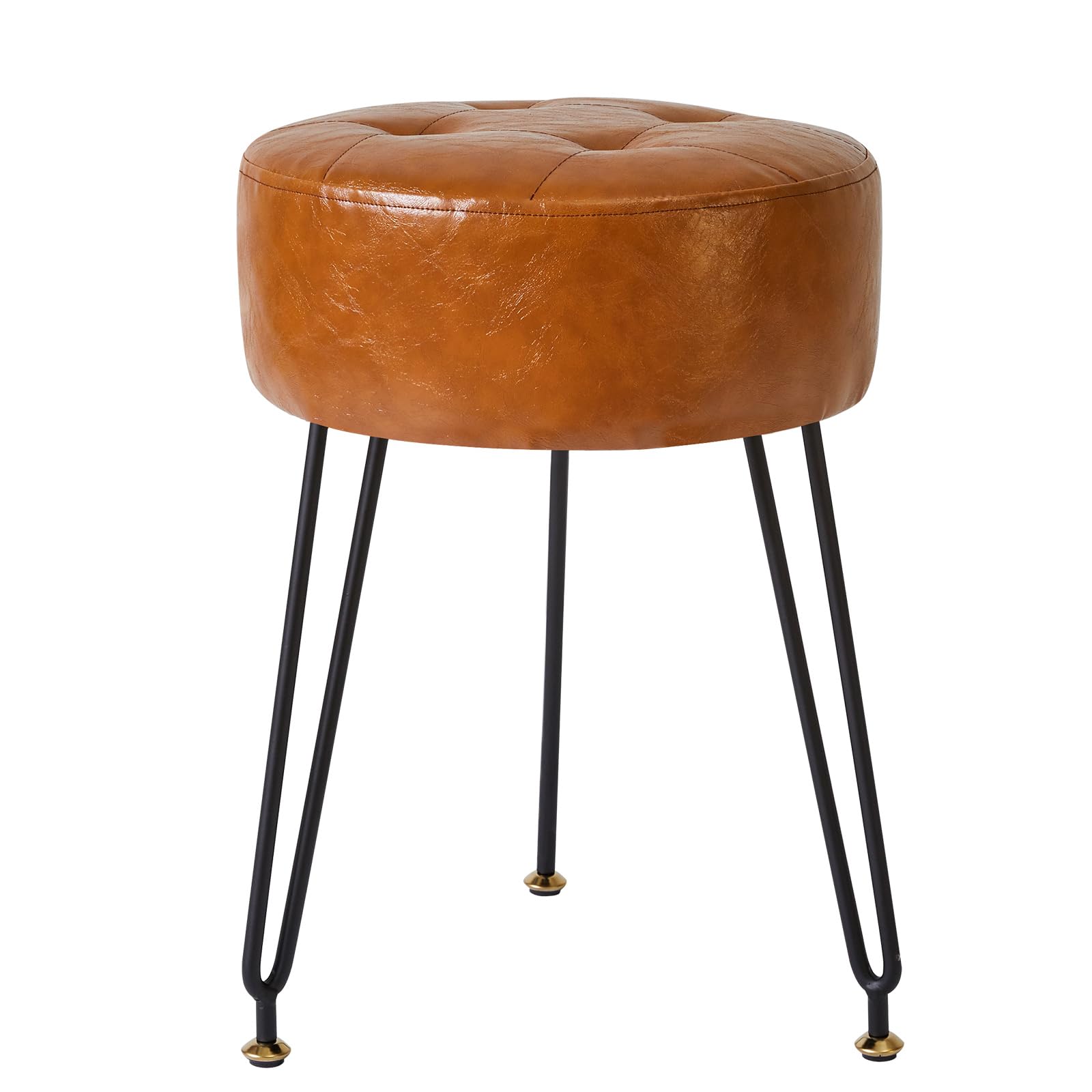 Ibuyke Faux Leather Round Footrest Stool, Makeup Vanity Stool Side Table, Pu Dressing Table Seat, Pouf Couch Stool, Golden Steel Legs, Light Brown Lg-31J