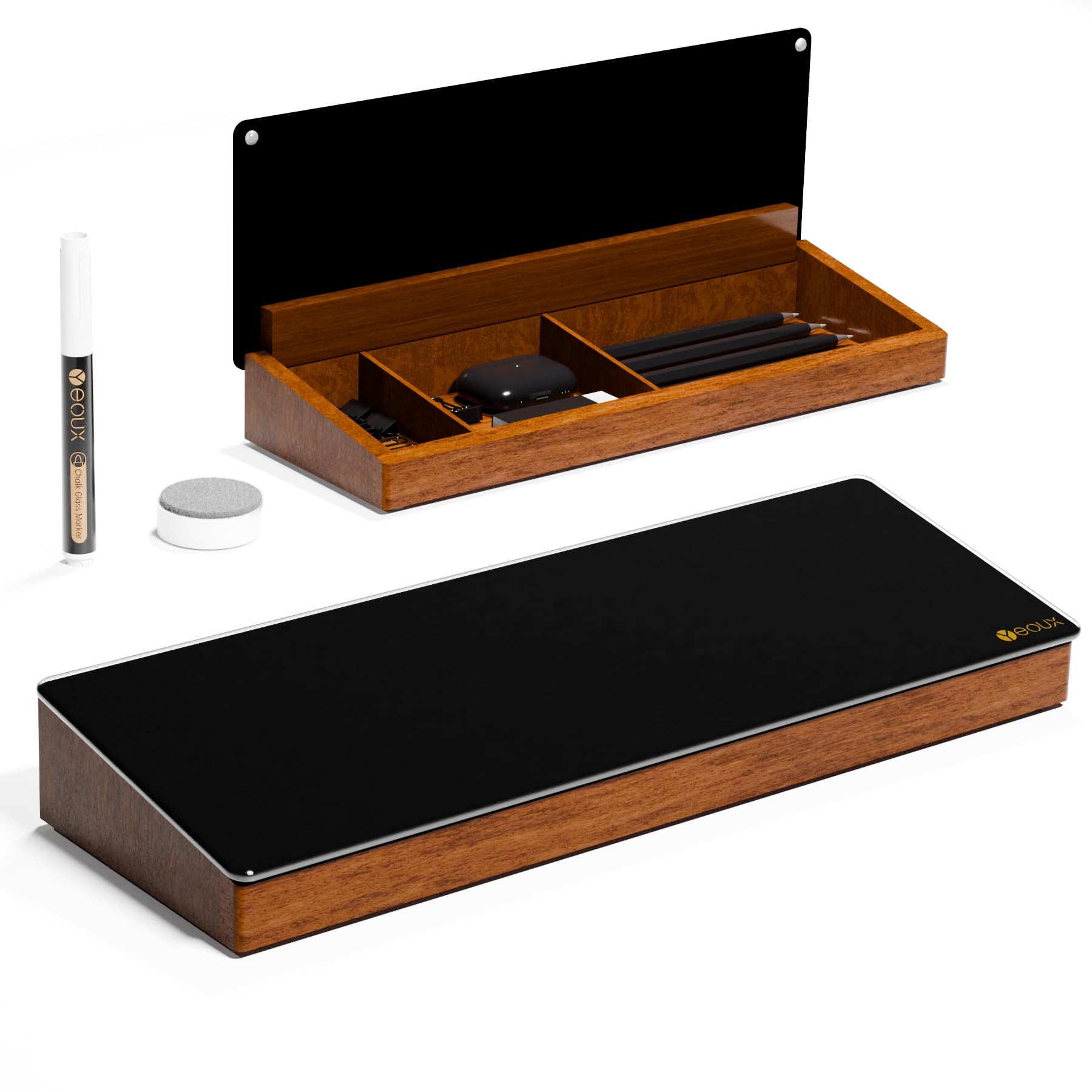 Desktop Black Glass Dry Erase Board With Wood Organizers For Small Office Supplies, Desk Whiteboard With Drawer For Home Office