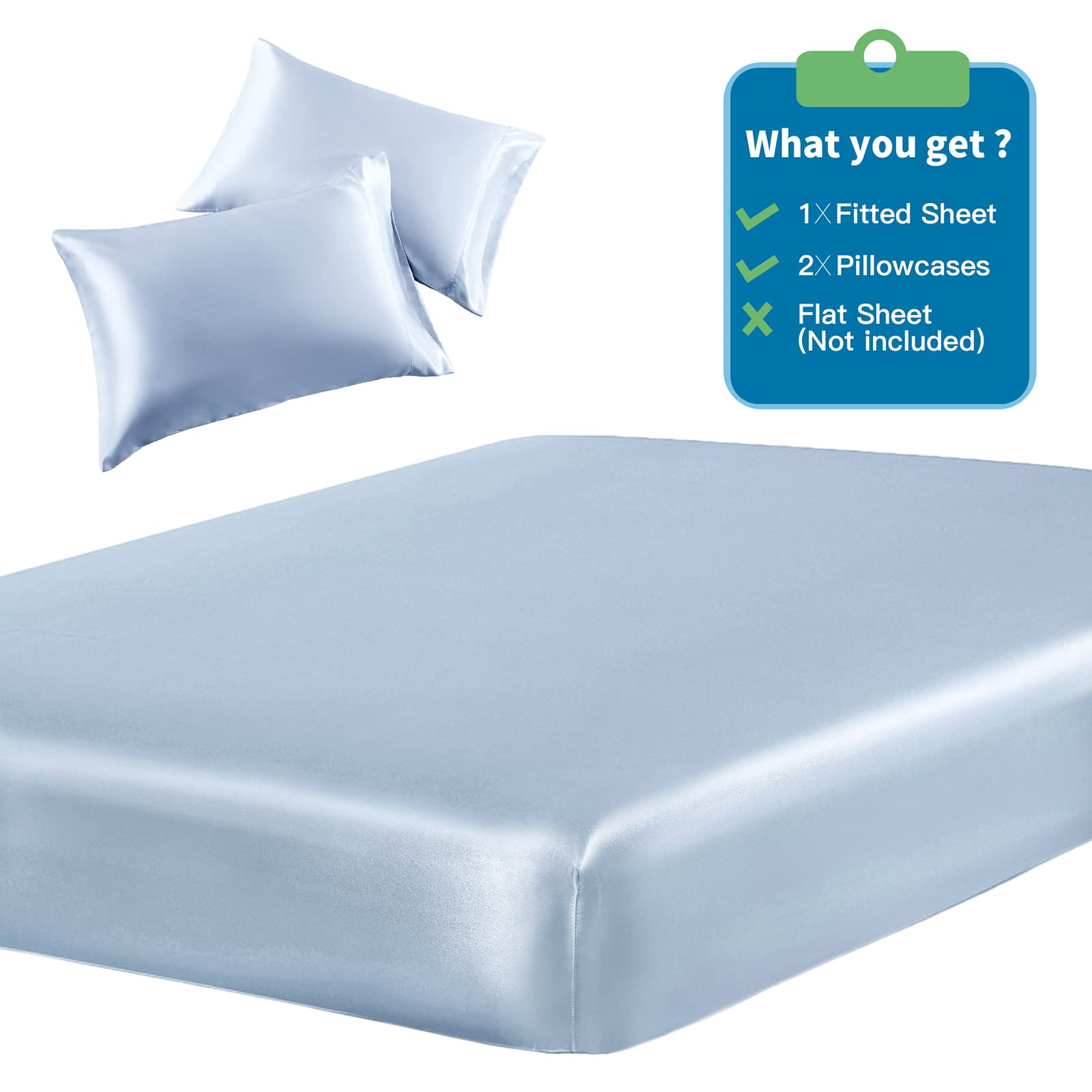 Siinvdabzx 3-Piece Set Satin Twin Xl Fitted Sheet & 2 Pillowcase, Baby Blue Silky Soft Fitted Bottom Sheet Twin Extra Long Bed S