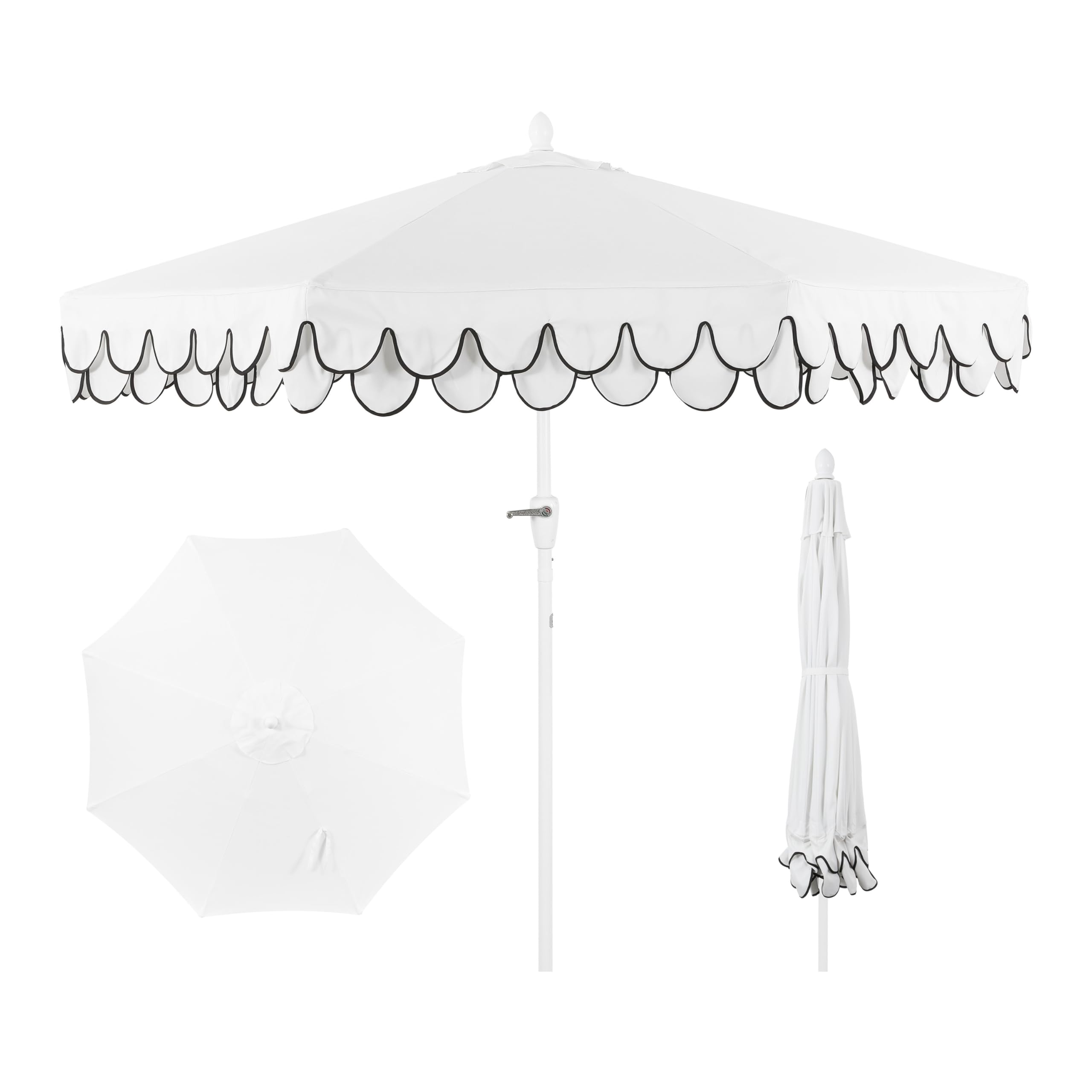 JONATHAN Y UMB1002D Tracy 9 ft. Classic MidCentury Scalloped Fringe Market Patio Umbrella with Auto-Tilt, Crank, Wind Vent and U