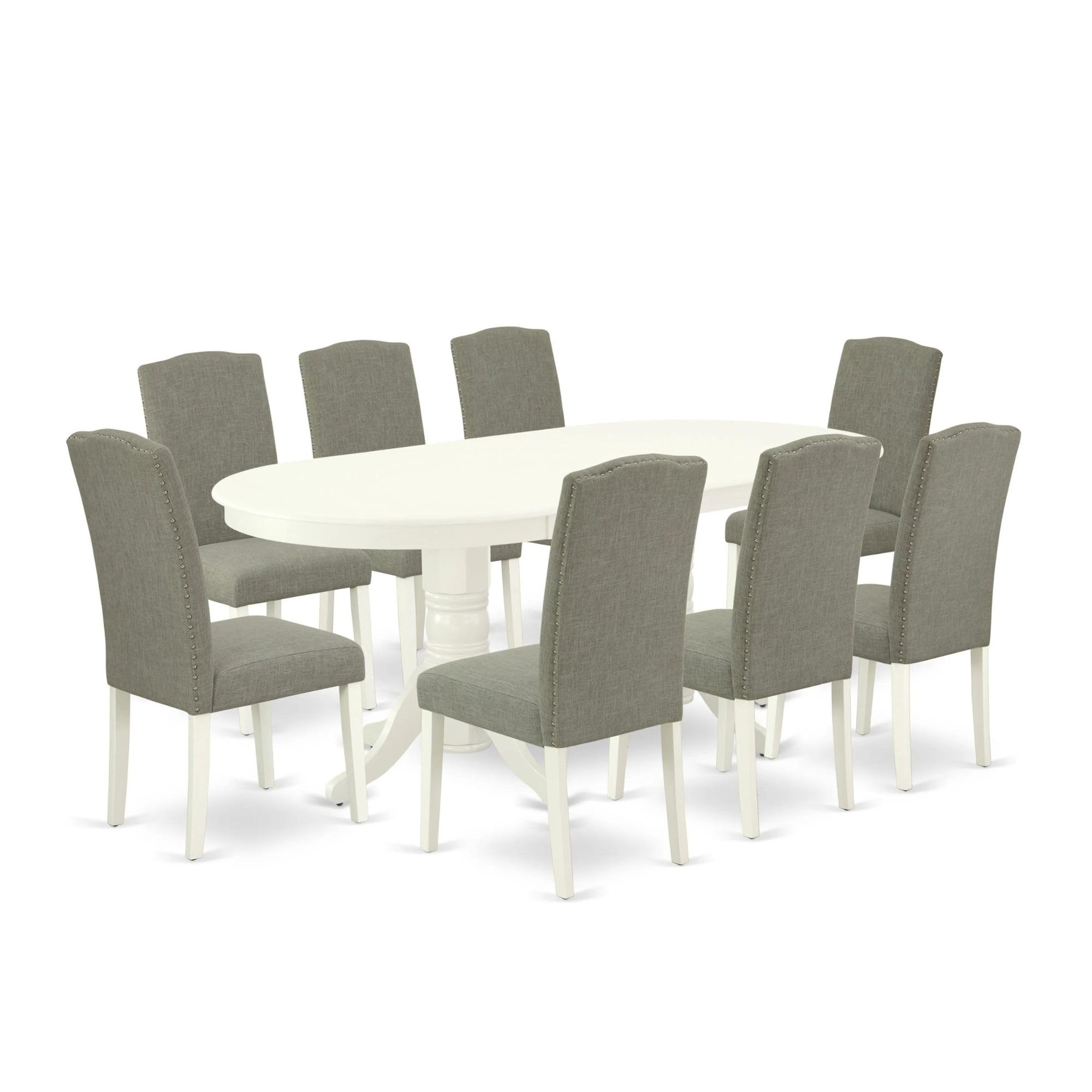 East West Furniture Vaen9-Lwh-06 9 Piece Kitchen Table Set Includes An Oval Dining Table With Butterfly Leaf And 8 Dark Shitake Linen Fabric Parson Dining Chairs, 40X76 Inch, Linen White
