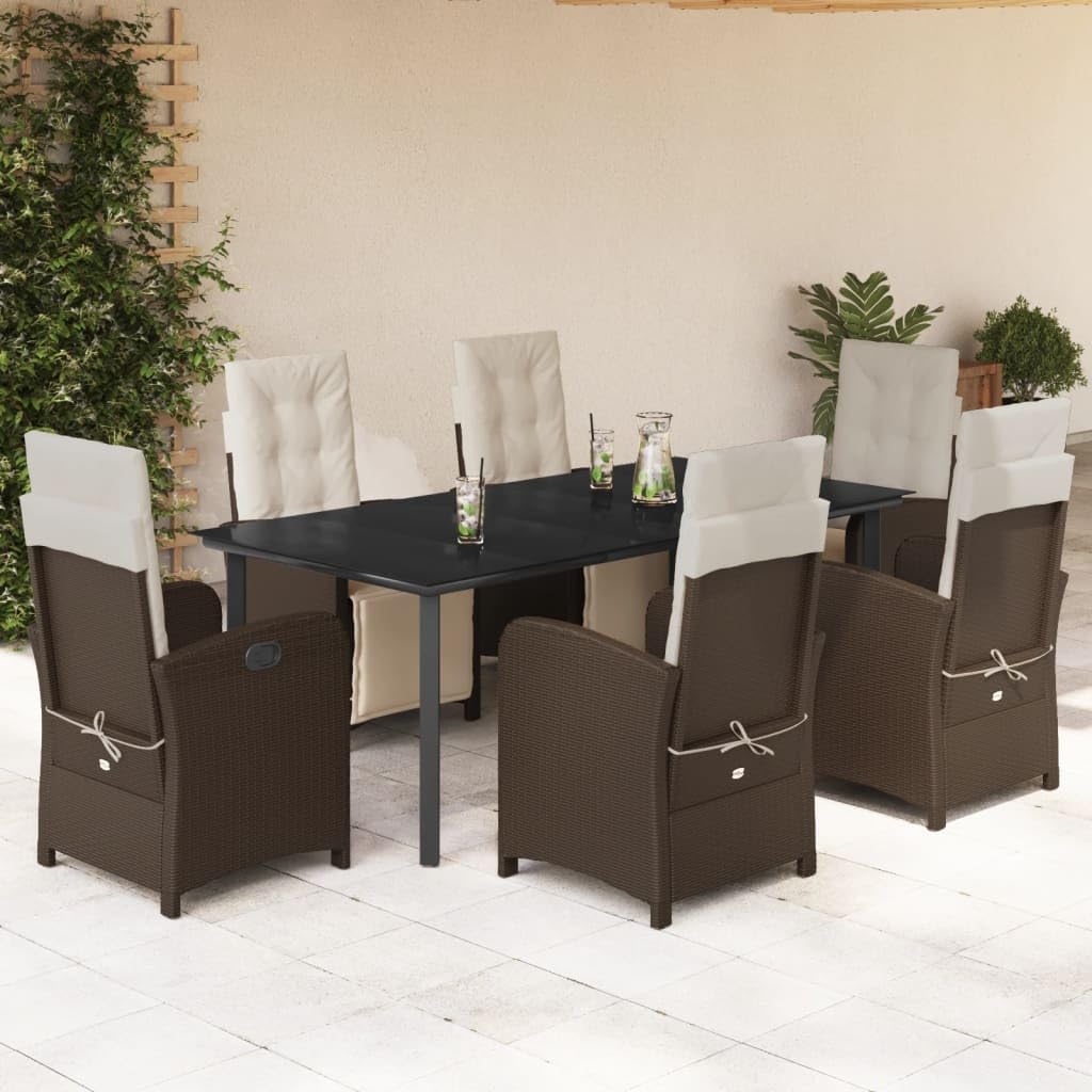 vidaXL 7-Piece Patio Dining Set - Brown Poly Rattan, Cushions, Adjustable Backrest, Tempered Glass Table for Garden/Backyard/Outdoor
