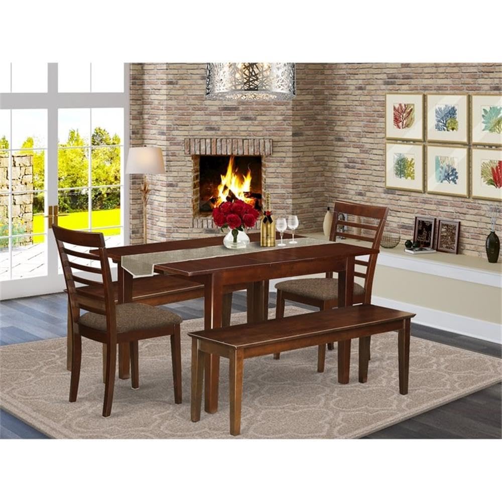 East West Furniture MILA5C-MAH-C 5 Piece Dining Set Includes a Rectangle Dining Room Table with Butterfly Leaf and 2 Linen Fabric Kitchen Chairs with 2 Benches, 36x54 Inch, Mahogany