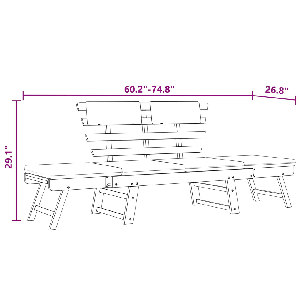 vidaXL Convertible Patio Bench and Day Bed with Blue Cushions - Solid Acacia Wood - Outdoor 2-in-1 Furniture - Garden Deck, Lawn, Backyard Seating, and Lying Comfort