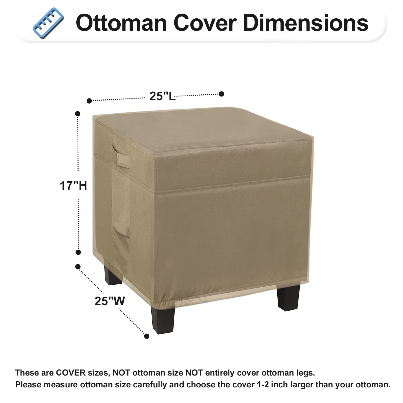 Outdoorlines Outdoor Waterproof Patio Ottoman Covers - Square Uv-Proof Patio Side Table Cover Windproof Heavy-Duty Furniture Covering Protector 25L X 25W X 17H Inch, Camel