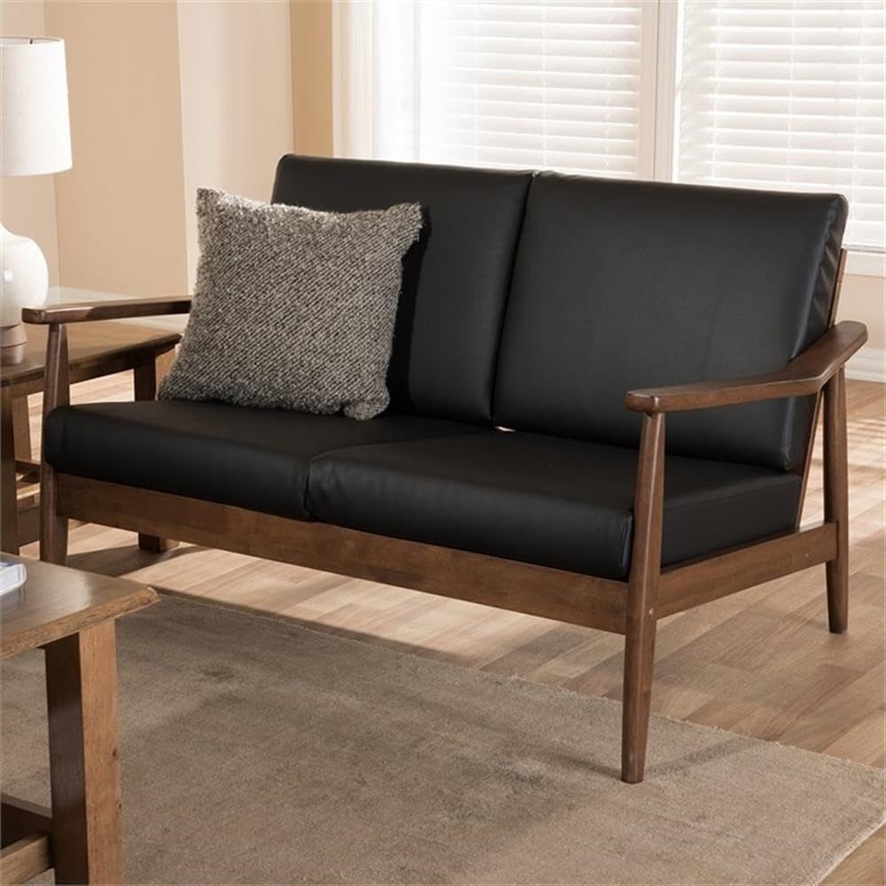 Baxton Studio Venza Mid-Century Modern Walnut Wood Black Faux Leather 2-Seater Loveseat Black/Wood