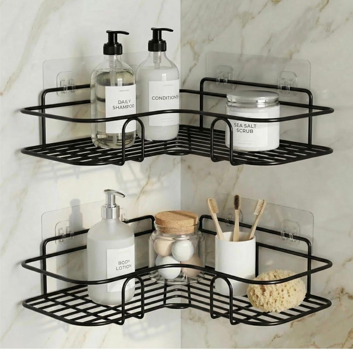 Corner Bathroom Shelf, Wall Mounted, No Drilling Adhesive, Black Metal Shower Caddy Organiser